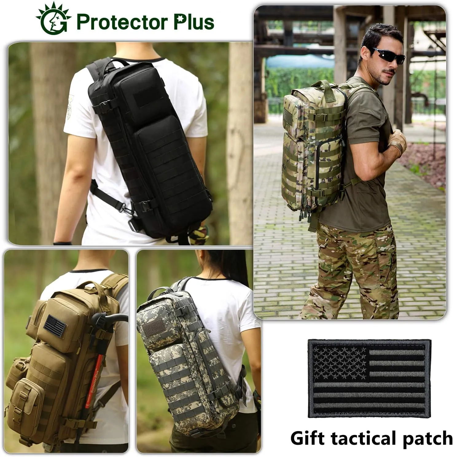 Protector Plus Tactical Sling Bag Military MOLLE Crossbody Pack (Patch Included)