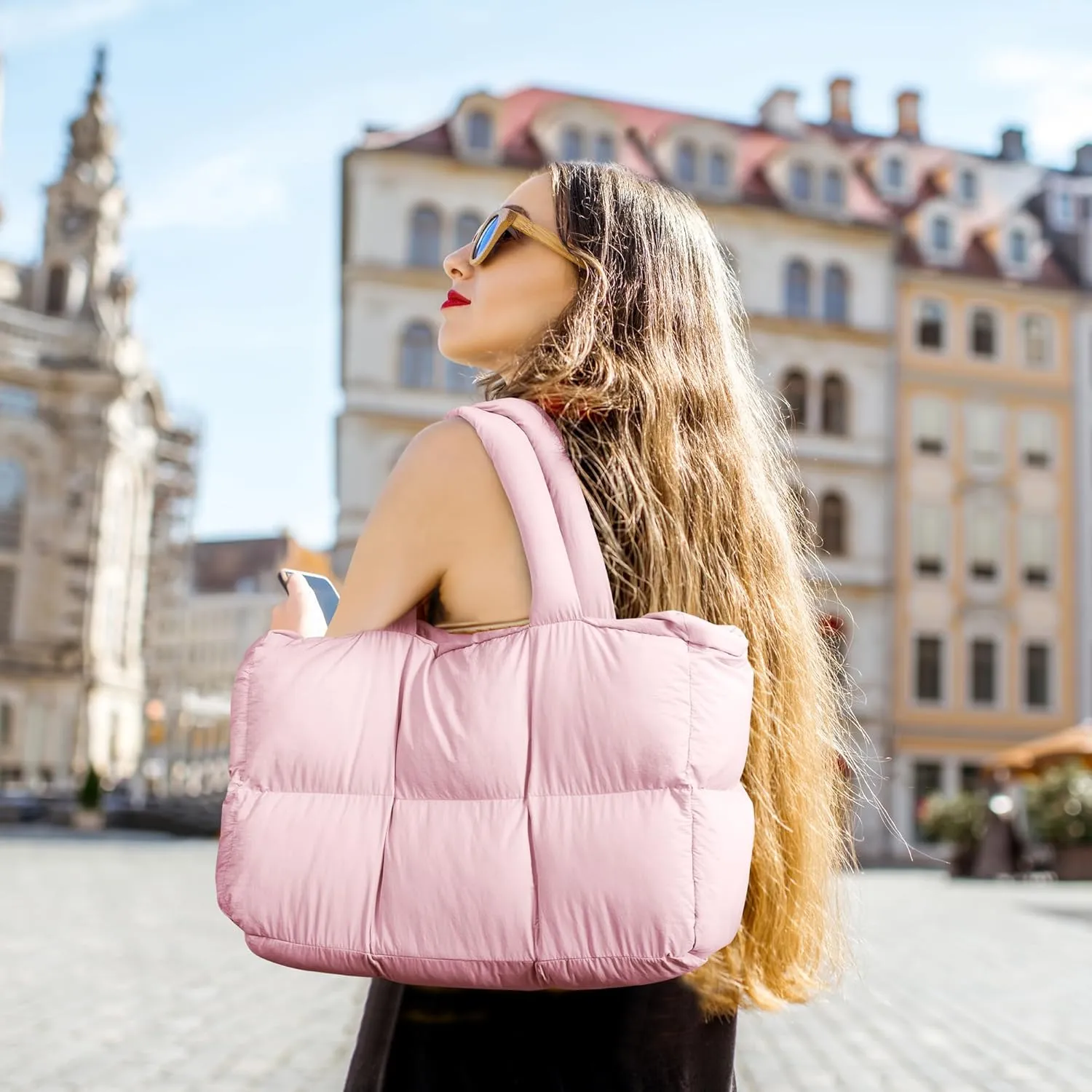 Puffer Tote Bag for Women, Large Quilted Puffy Handbag Lightweight Satchel Purse for Work Travel Gym Shop