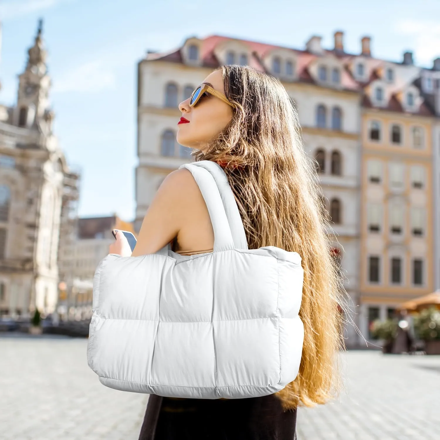 Puffer Tote Bag for Women, Large Quilted Puffy Handbag Lightweight Satchel Purse for Work Travel Gym Shop