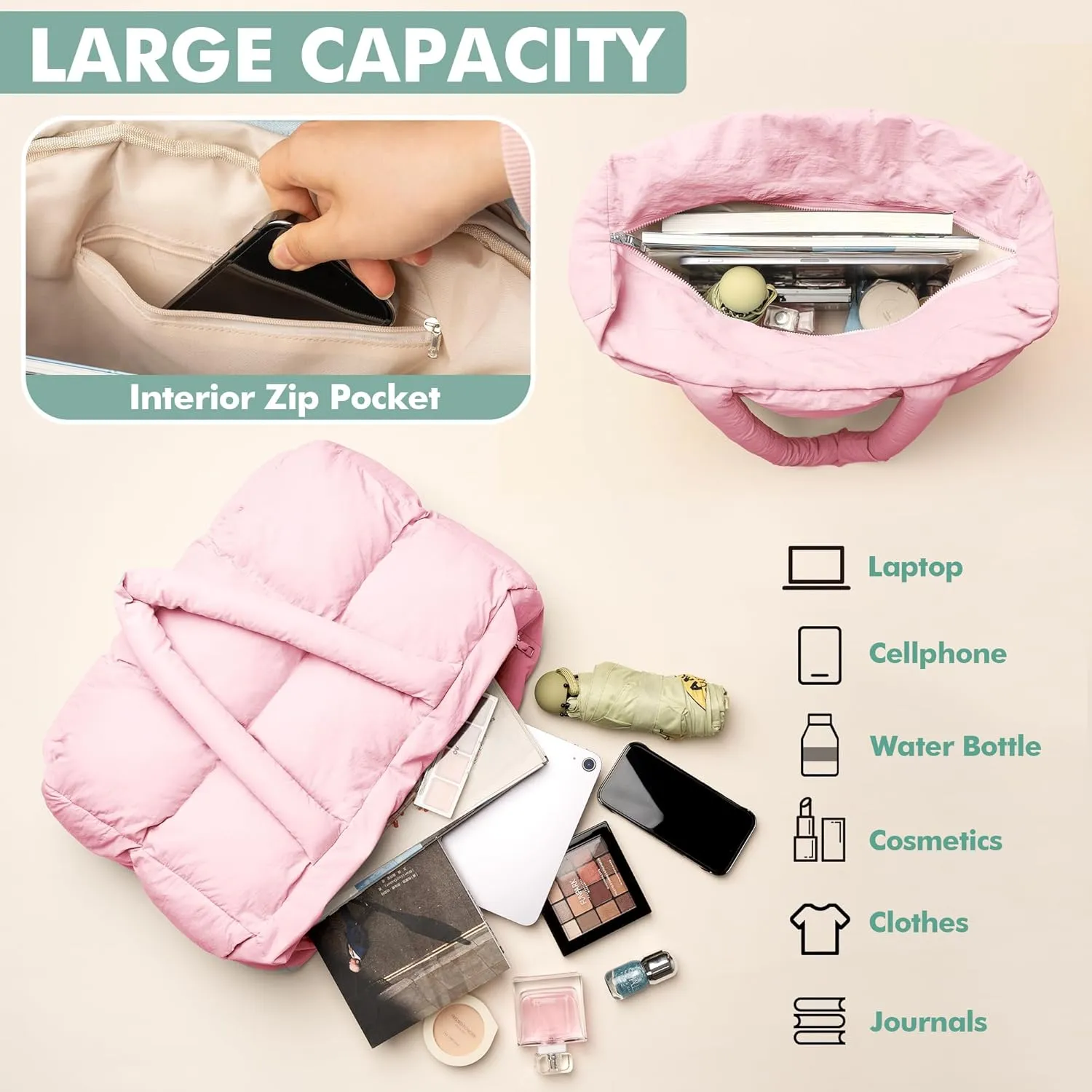 Puffer Tote Bag for Women, Large Quilted Puffy Handbag Lightweight Satchel Purse for Work Travel Gym Shop