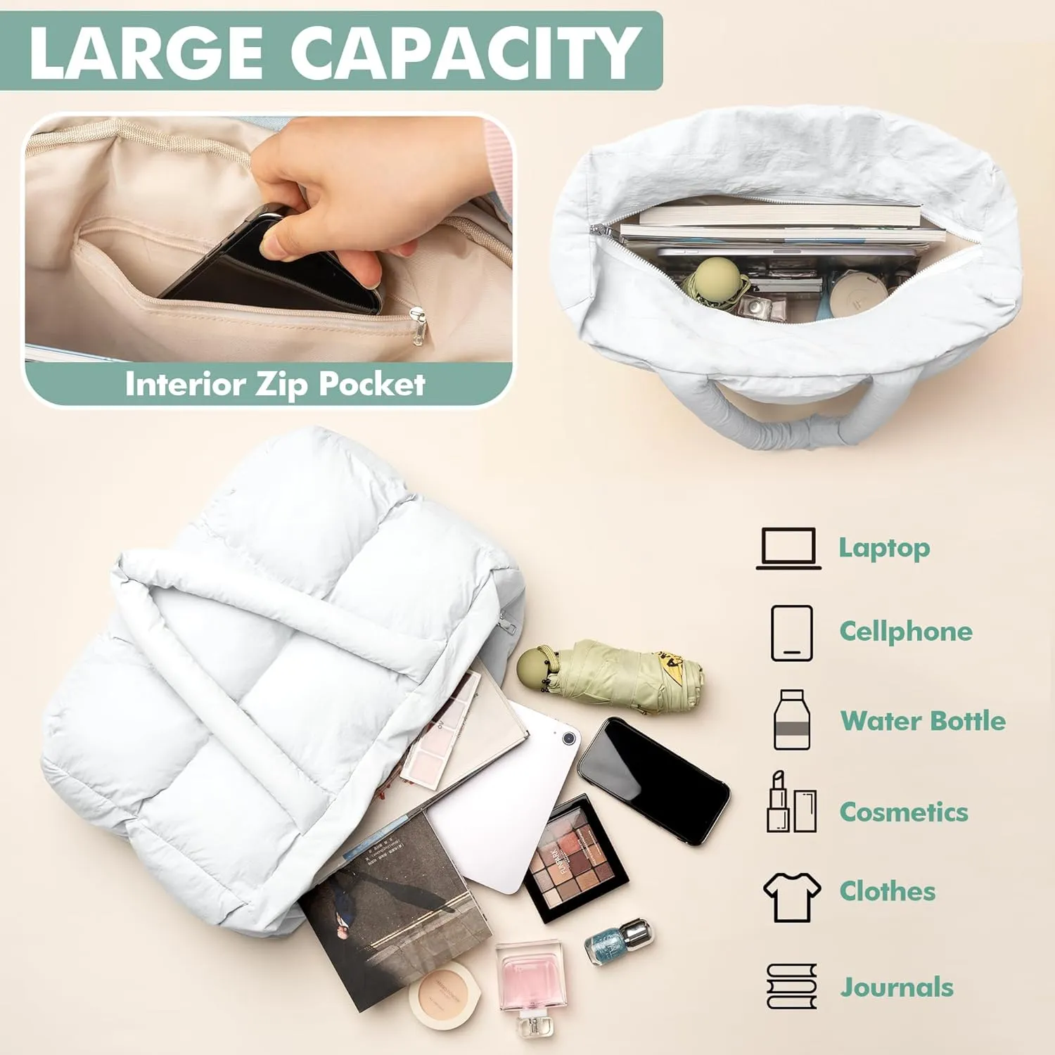 Puffer Tote Bag for Women, Large Quilted Puffy Handbag Lightweight Satchel Purse for Work Travel Gym Shop
