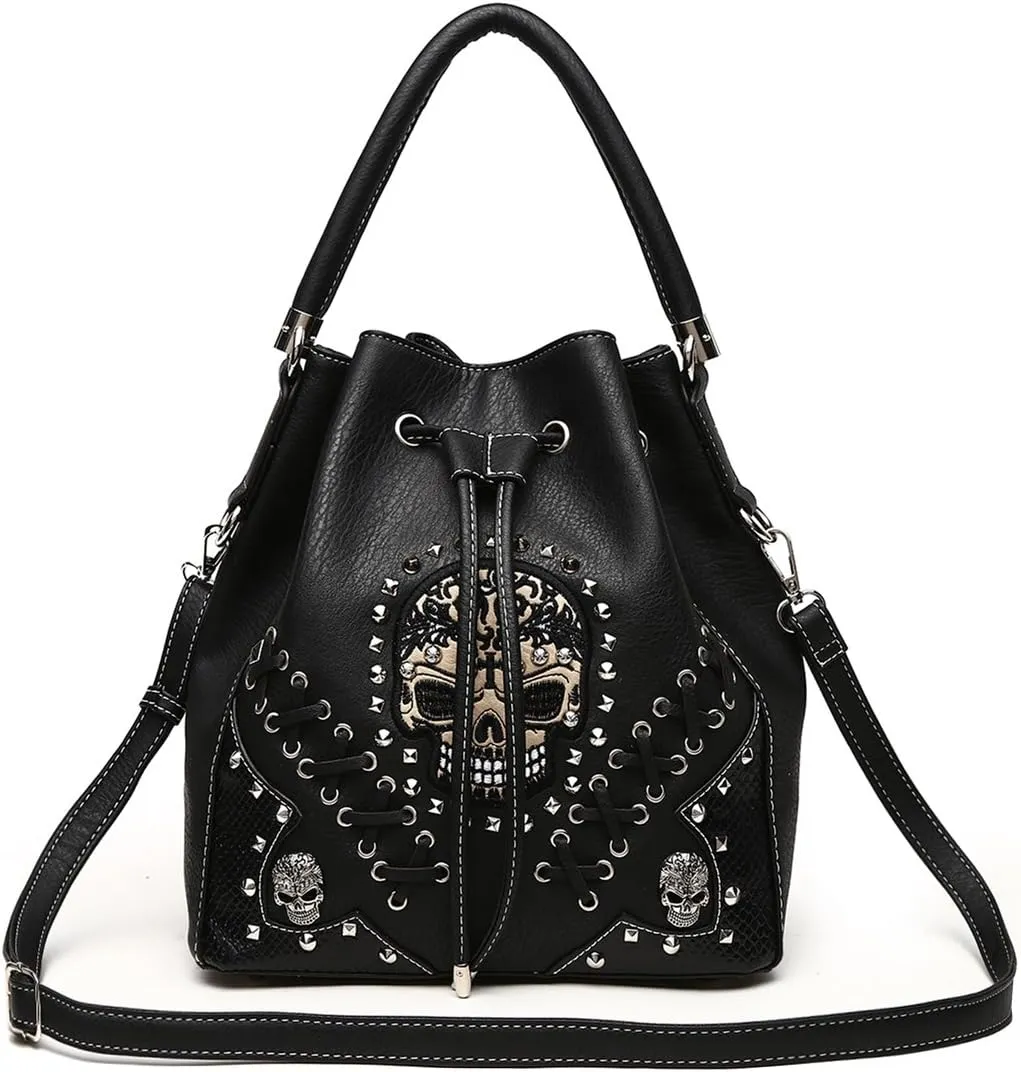 Punk Gothic Rock Metallic Skull Rivet Studded Skeleton Purse Sugar Skull Women Handbag Fashion Shoulder Bag Wallet Set