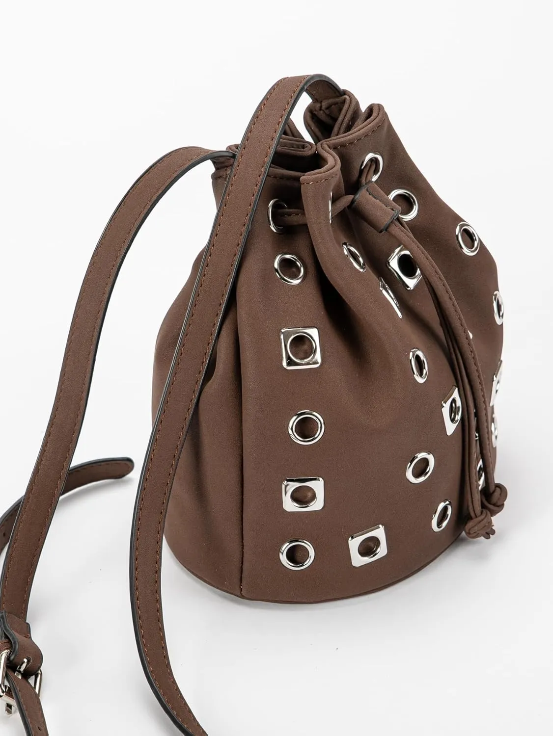 Punk Style Suede Bucket Bag for Women Grommet Crossbody Bag with Hollow-Out Design, Edgy Boho Shoulder Bag