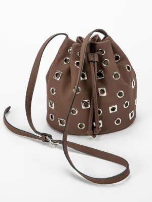 Punk Style Suede Bucket Bag for Women Grommet Crossbody Bag with Hollow-Out Design, Edgy Boho Shoulder Bag