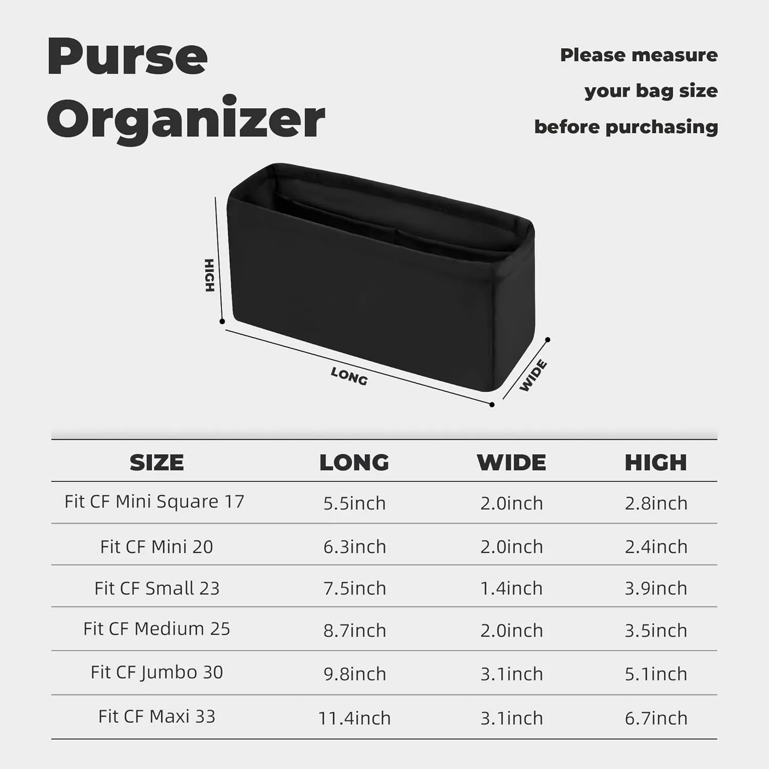 Purse Handbag Silky Organizer Insert Keep Bag Shape Fits Chanel Classic Flap CF Mini Square 17/20/Small/Medium/Jumbo/Maxi Bags, Luxury Handbag Tote Lightweight Sturdy(CF Medium 25,Black)