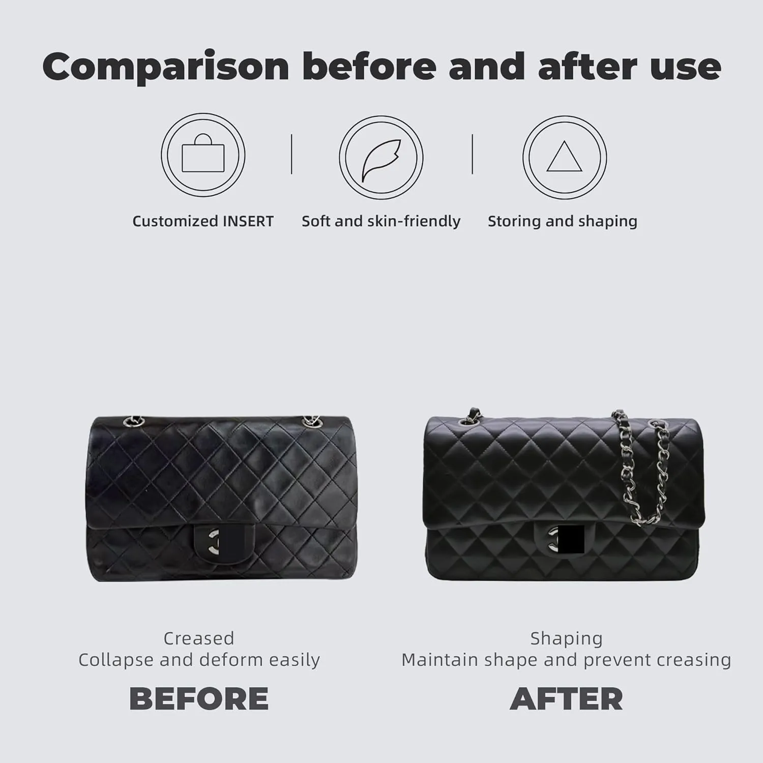 Purse Handbag Silky Organizer Insert Keep Bag Shape Fits Chanel Classic Flap CF Mini Square 17/20/Small/Medium/Jumbo/Maxi Bags, Luxury Handbag Tote Lightweight Sturdy(CF Medium 25,Black)