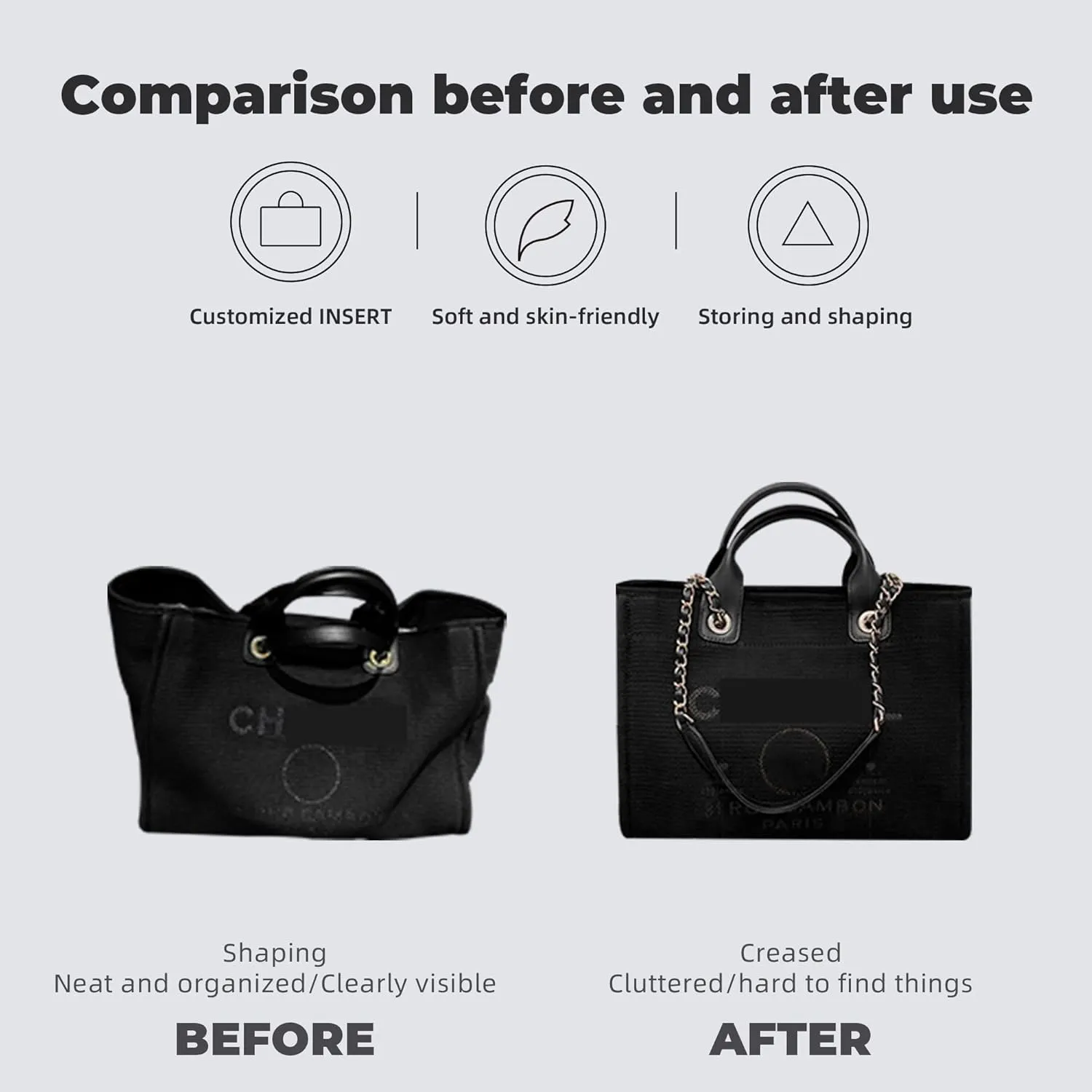 Purse Handbag Silky Organizer Insert Keep Bag Shape Fits Chanel Deauville Canvas Bags S/M/L bags, Luxury Handbag Tote Lightweight Sturdy(New Small,S2 trench)