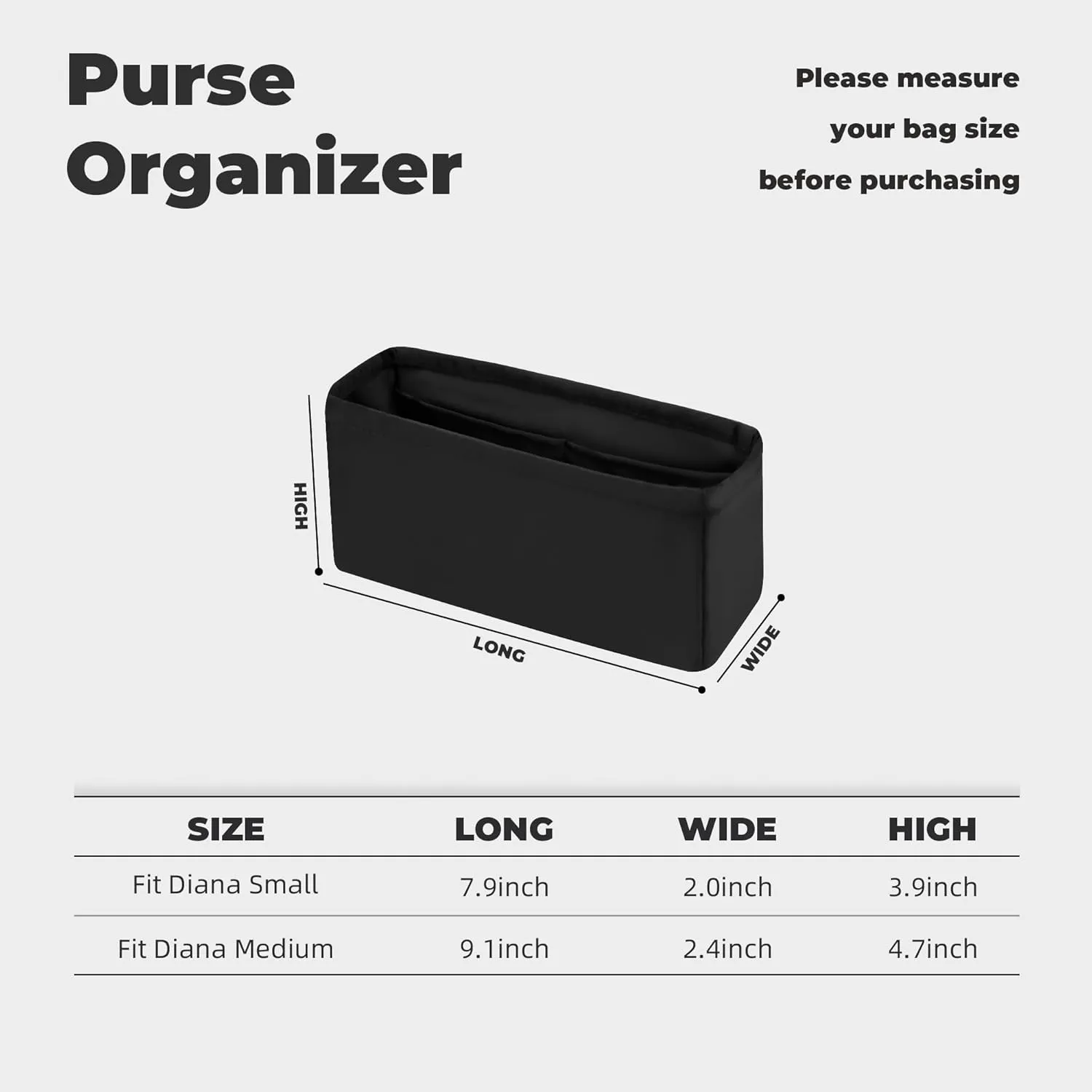 Purse Handbag Silky Organizer Insert Keep Bag Shape Fits Chanel Diana Small/Medium bags, Luxury Handbag Tote Lightweight Sturdy(Diana Small,Black)