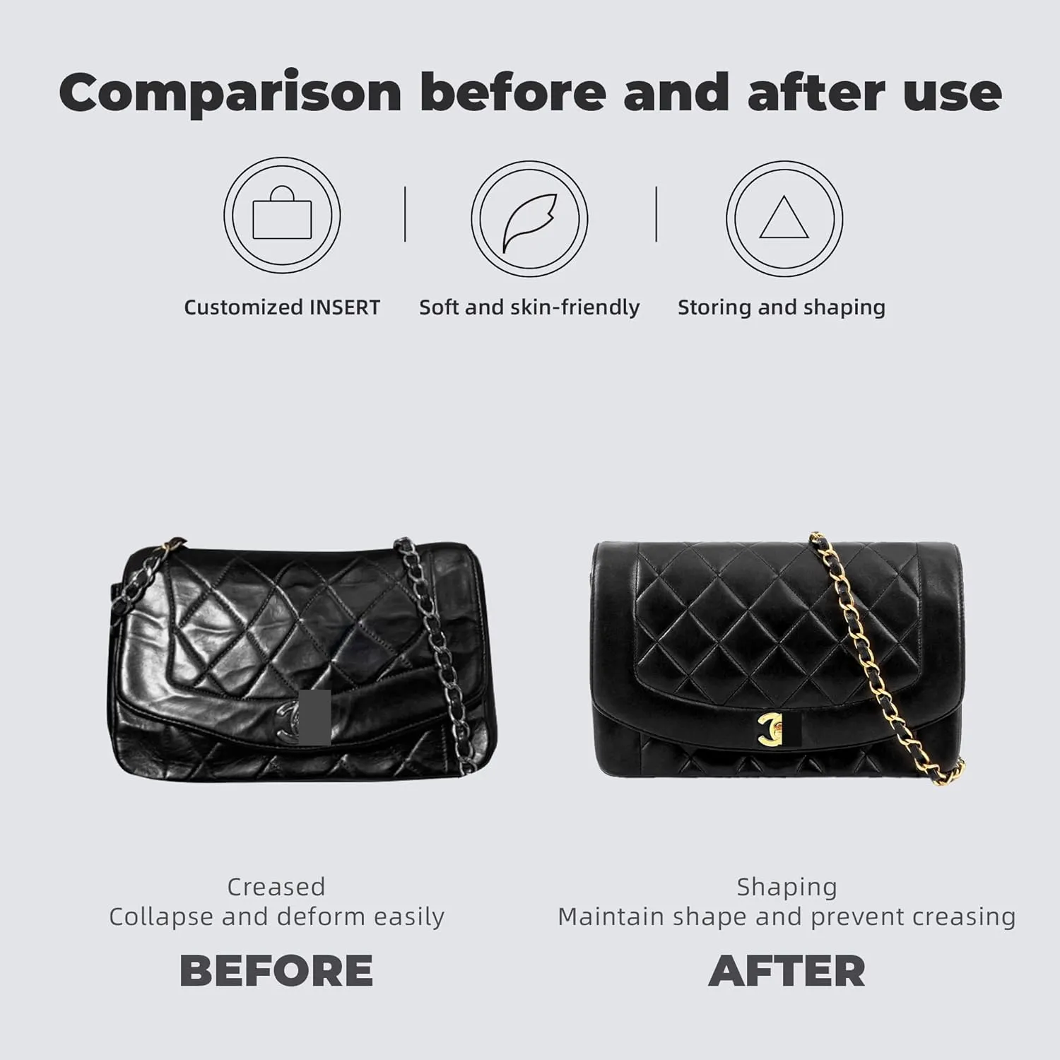 Purse Handbag Silky Organizer Insert Keep Bag Shape Fits Chanel Diana Small/Medium bags, Luxury Handbag Tote Lightweight Sturdy(Diana Small,Black)