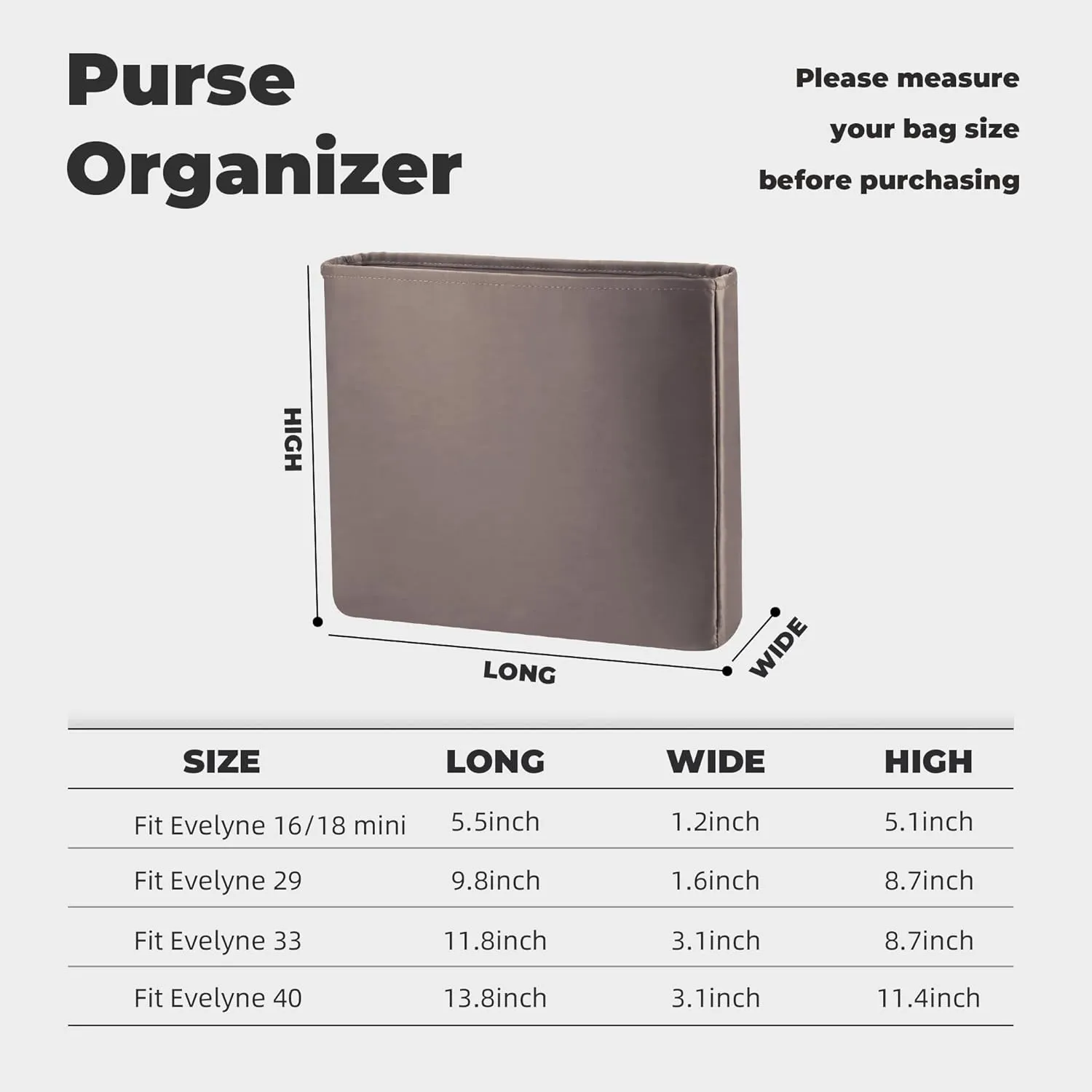 Purse Handbag Silky Organizer Insert Keep Bag Shape Fits Herme Evelyne Mini/29/33/40 bags, Luxury Handbag Tote Lightweight Sturdy(Evelyne 29,Etoupe grey)