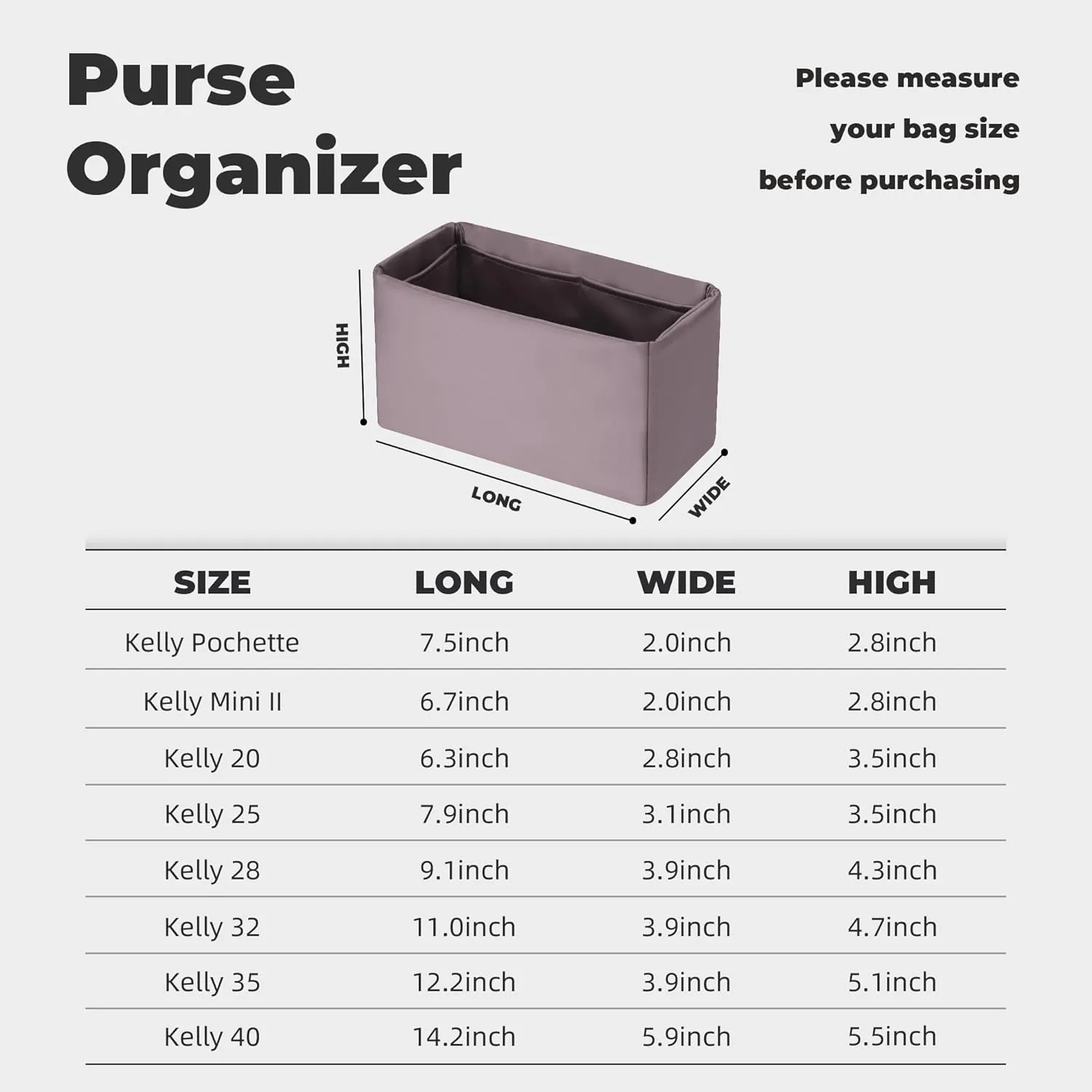 Purse Handbag Silky Organizer Insert Keep Bag Shape Fits Herme Kelly Pochette/Mini/20/25/32/35/40 bags, Luxury Handbag Tote Lightweight Sturdy(Kelly 28,Konjac Purple)