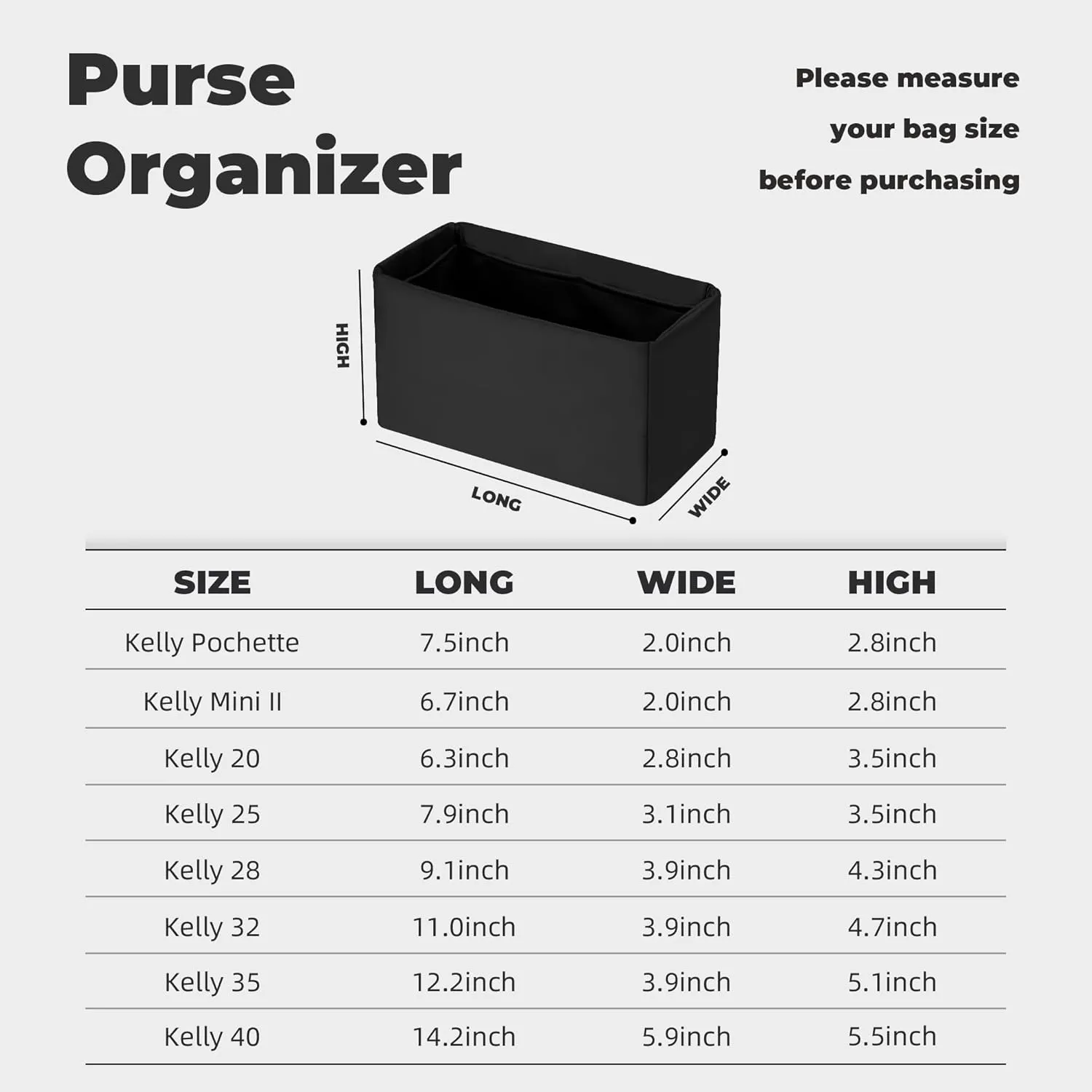 Purse Handbag Silky Organizer Insert Keep Bag Shape Fits Herme Kelly Pochette/Mini/20/25/32/35/40 bags, Luxury Handbag Tote Lightweight Sturdy(Kelly 35,Black)