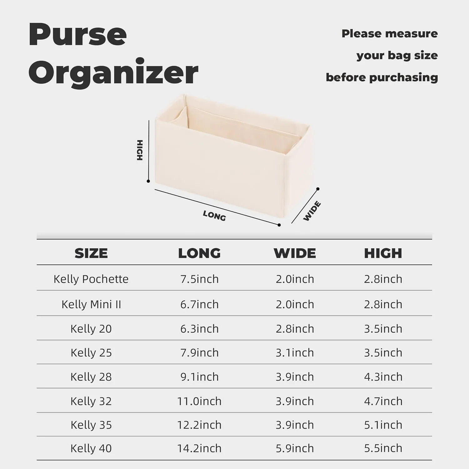 Purse Handbag Silky Organizer Insert Keep Bag Shape Fits Herme Kelly Pochette/Mini/20/25/32/35/40 bags, Luxury Handbag Tote Lightweight Sturdy(Kelly 35,Craie)
