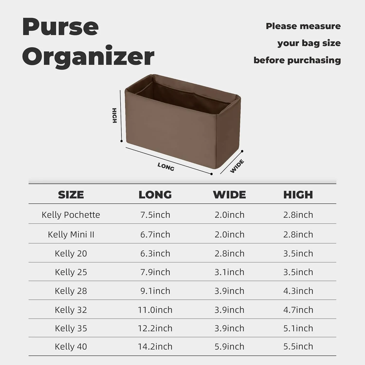 Purse Handbag Silky Organizer Insert Keep Bag Shape Fits Herme Kelly Pochette/Mini/20/25/32/35/40 bags, Luxury Handbag Tote Lightweight Sturdy(Kelly 35,Etoupe grey)