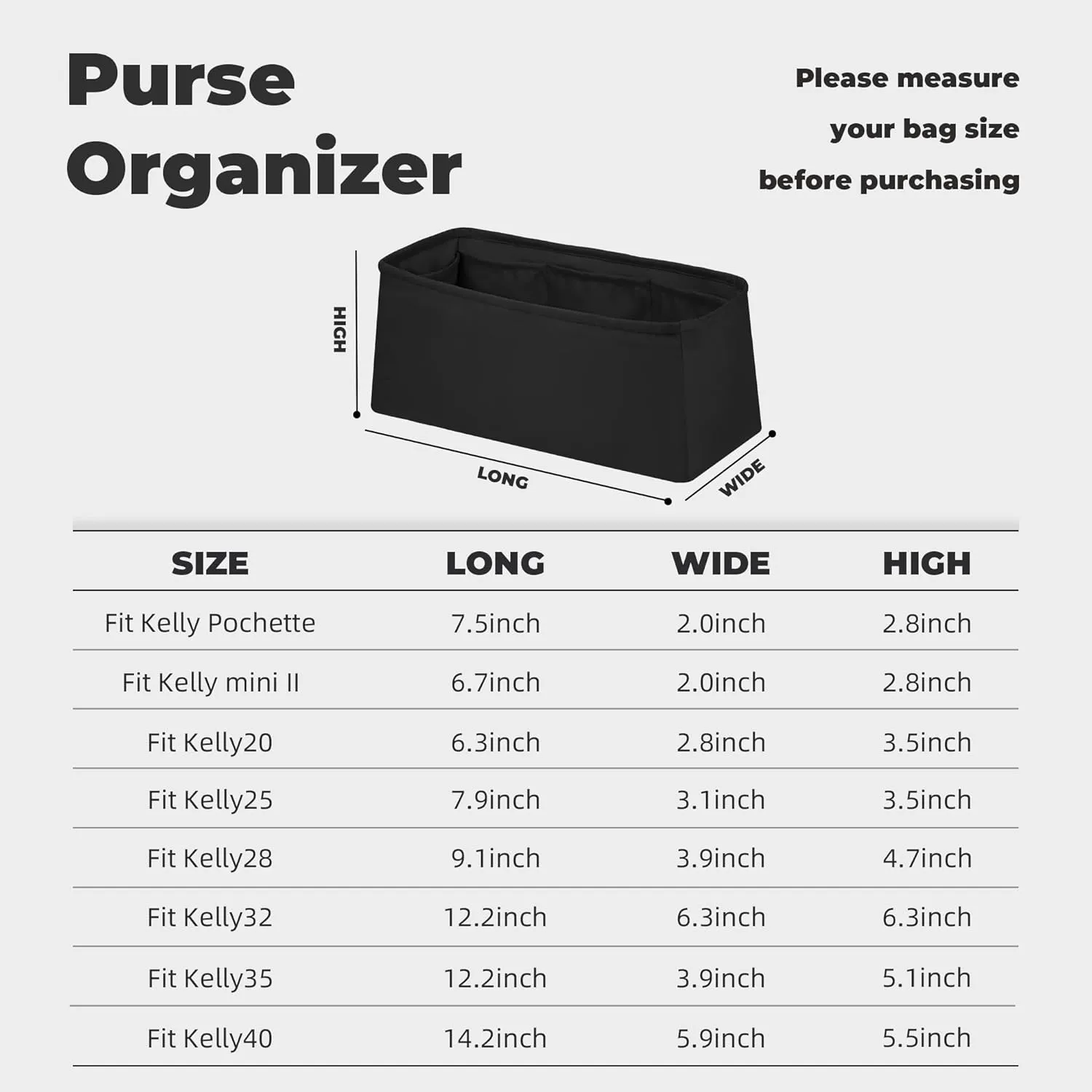 Purse Handbag Silky Organizer Insert Keep Bag Shape Fits Herme Kelly Pochette/Mini2/20/25/32/35/40 bags, Luxury Handbag Tote Lightweight Sturdy(Kelly Mini2,Black)