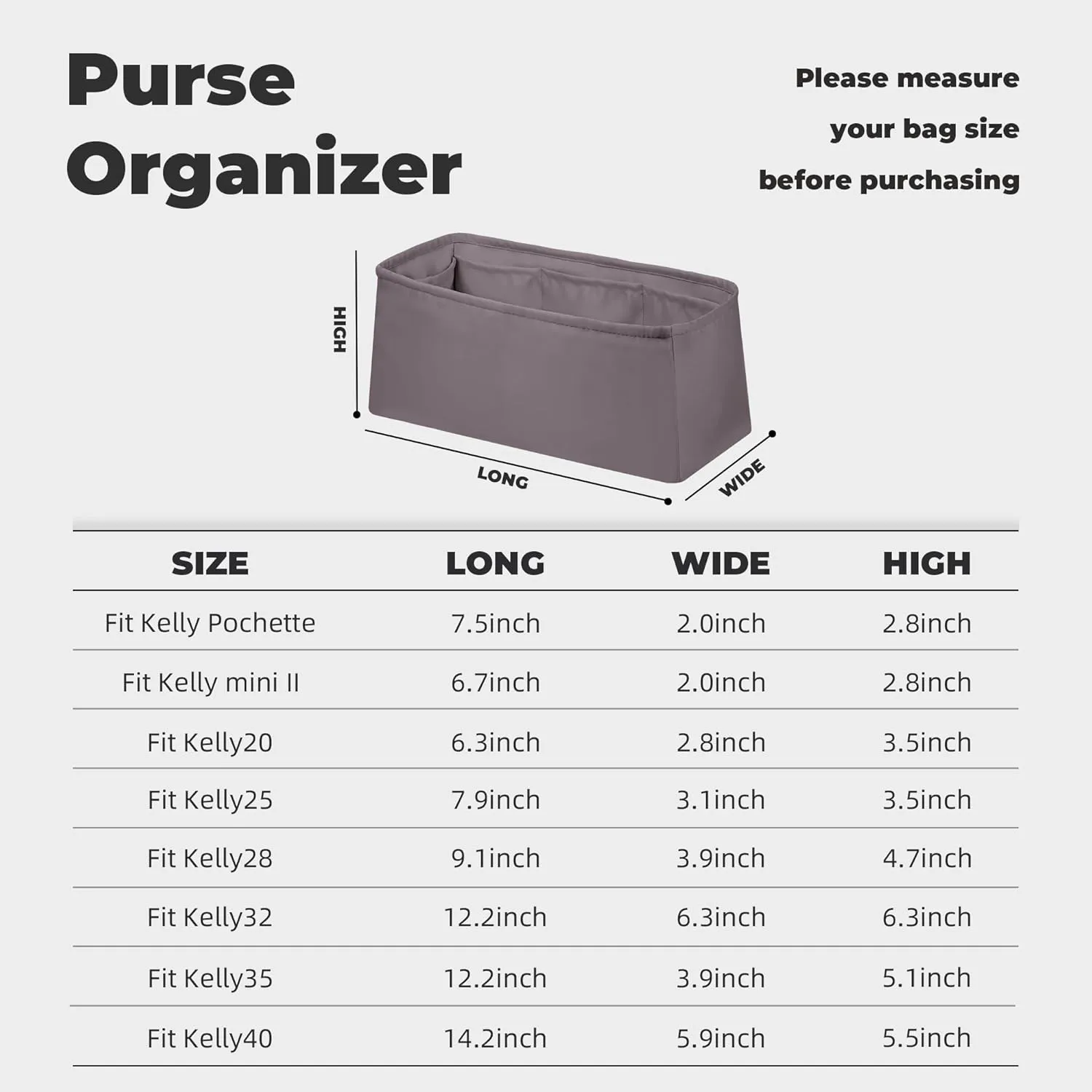 Purse Handbag Silky Organizer Insert Keep Bag Shape Fits Herme Kelly Pochette/Mini2/20/25/32/35/40 bags, Luxury Handbag Tote Lightweight Sturdy(Kelly Mini2,Konjac Purple)