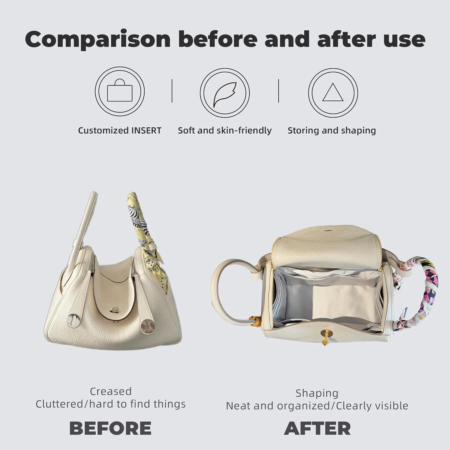 Purse Handbag Silky Organizer Insert Keep Bag Shape Fits Herme Lindy 19/26/30/34 bags, Luxury Handbag Tote Lightweight Sturdy(Craie,LD 26)