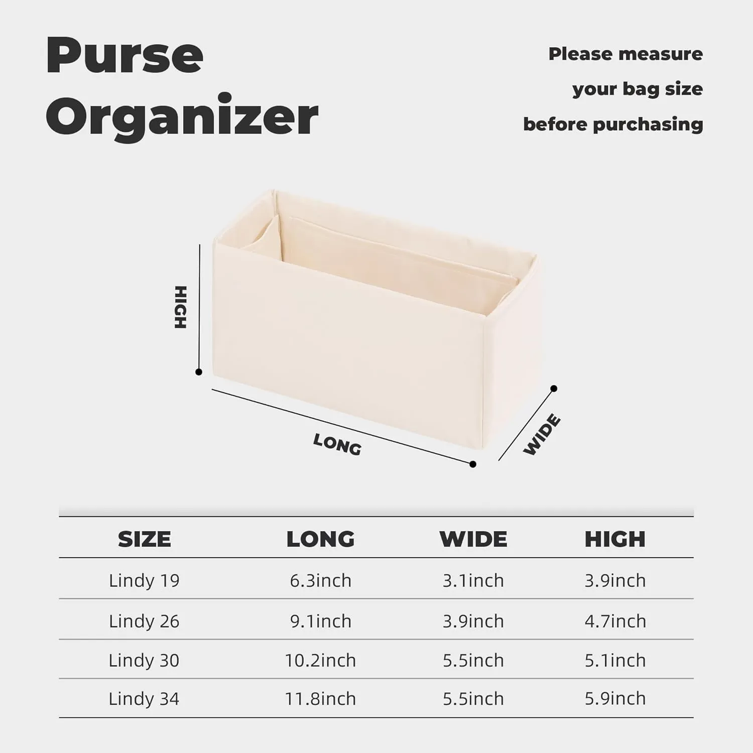 Purse Handbag Silky Organizer Insert Keep Bag Shape Fits Herme Lindy 19/26/30/34 bags, Luxury Handbag Tote Lightweight Sturdy(Craie,LD 26)