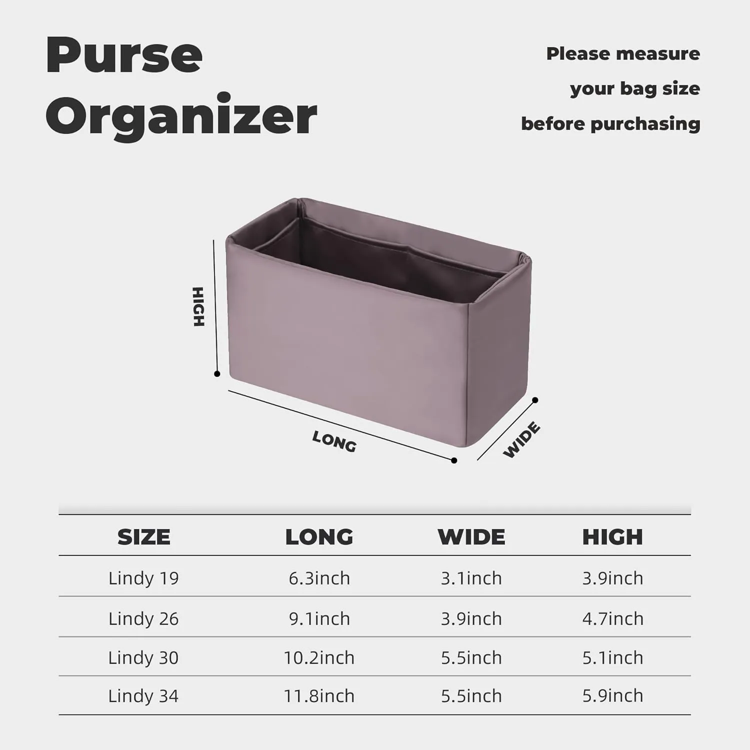 Purse Handbag Silky Organizer Insert Keep Bag Shape Fits Herme Lindy 19/26/30/34 bags, Luxury Handbag Tote Lightweight Sturdy(Konjac Purple,LD 26)