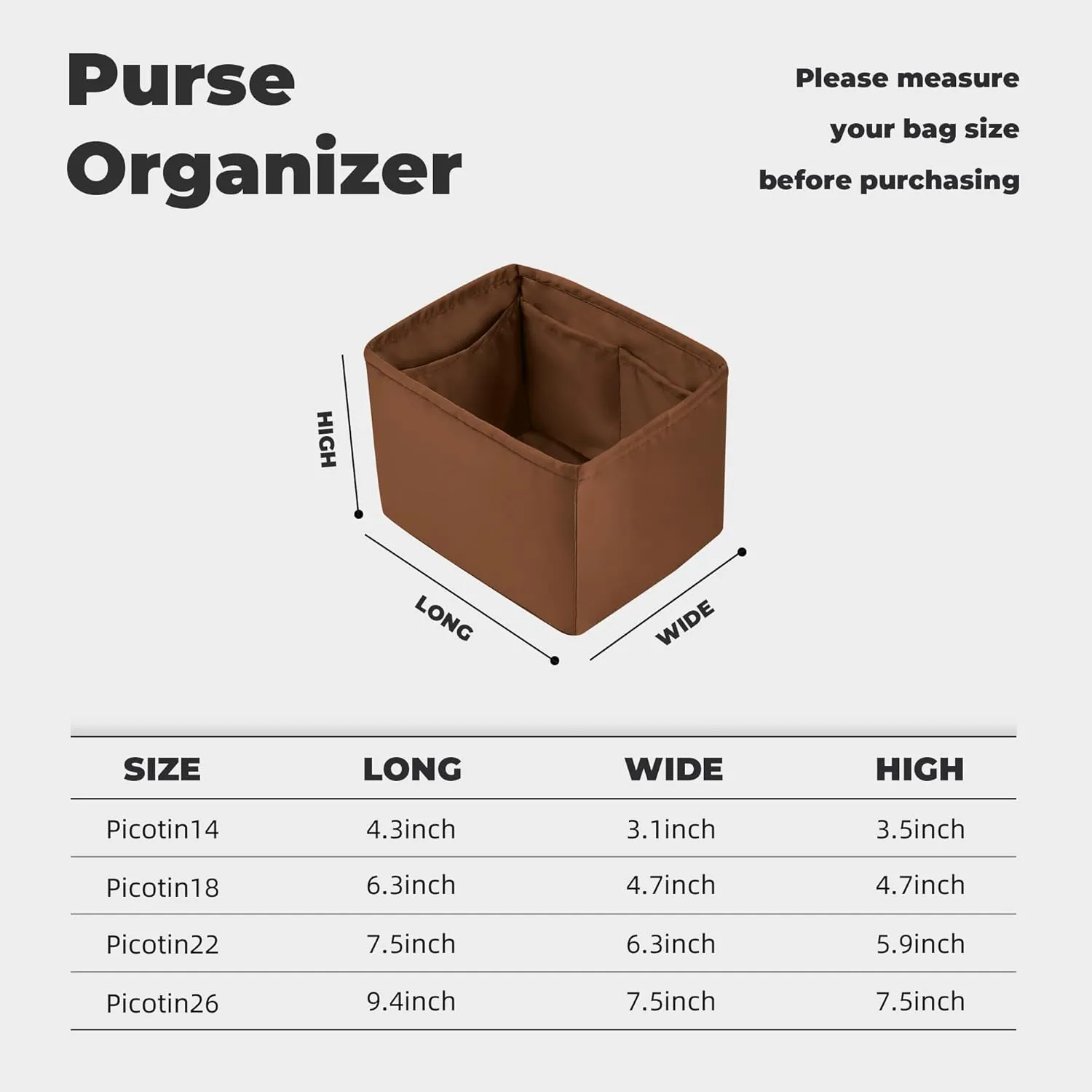 Purse Handbag Silky Organizer Insert Keep Bag Shape Fits Herme Picotin 14/18/22/26 bags, Luxury Handbag Tote