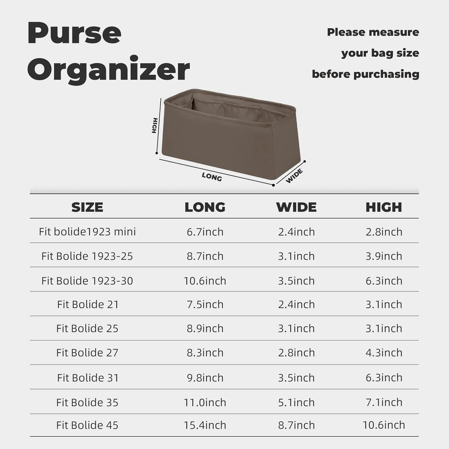 Purse Handbag Silky Organizer Insert Keep Bag Shape Fits Hermes Bolide 21/25/31/35/45 bags, Luxury Handbag Tote Lightweight Sturdy(1923-mini,Etoupe grey)