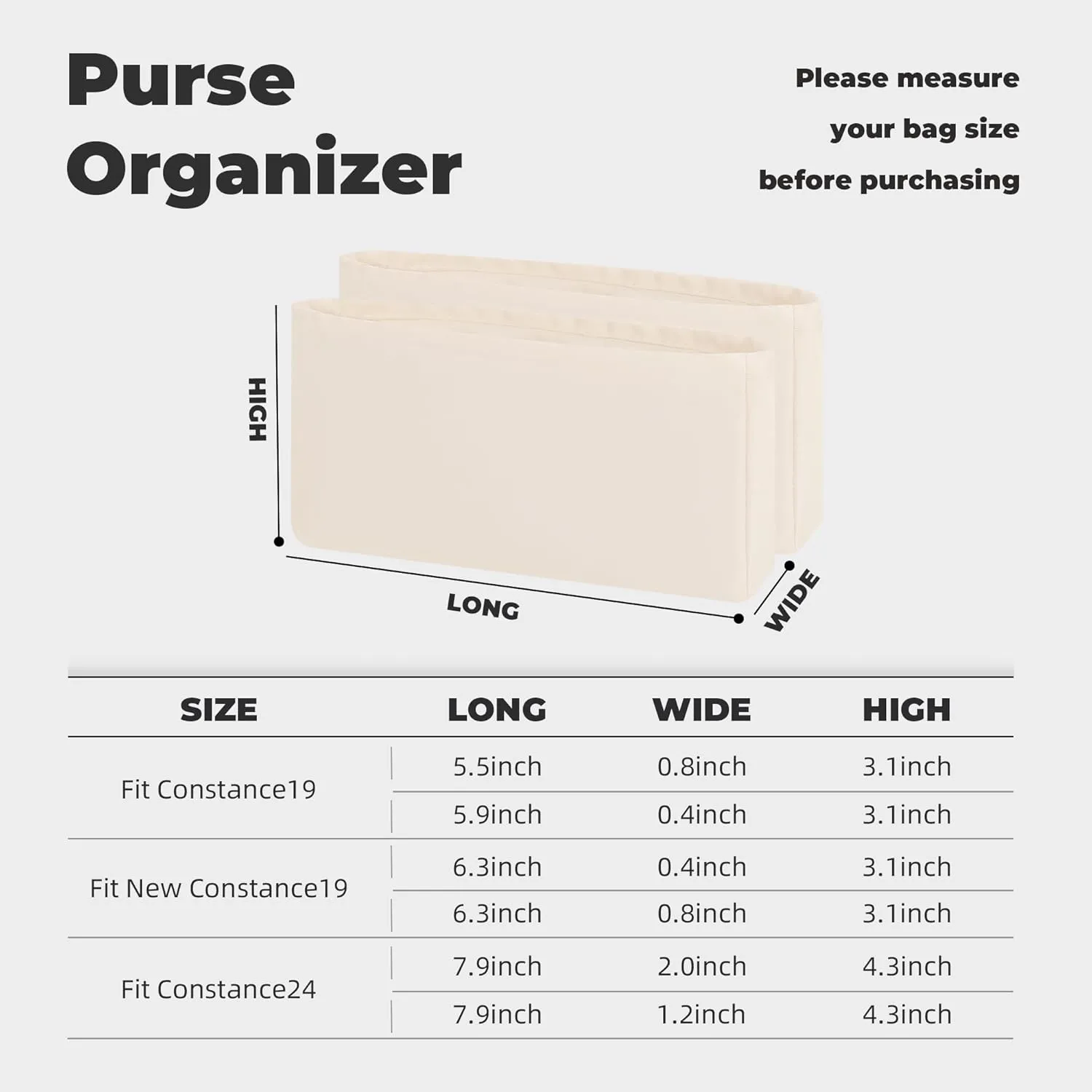 Purse Handbag Silky Organizer Insert Keep Bag Shape Fits Hermes Constance 19/New 19/24/New 24 Bags, Luxury Handbag Tote Lightweight Sturdy(New Constance19,Craie)