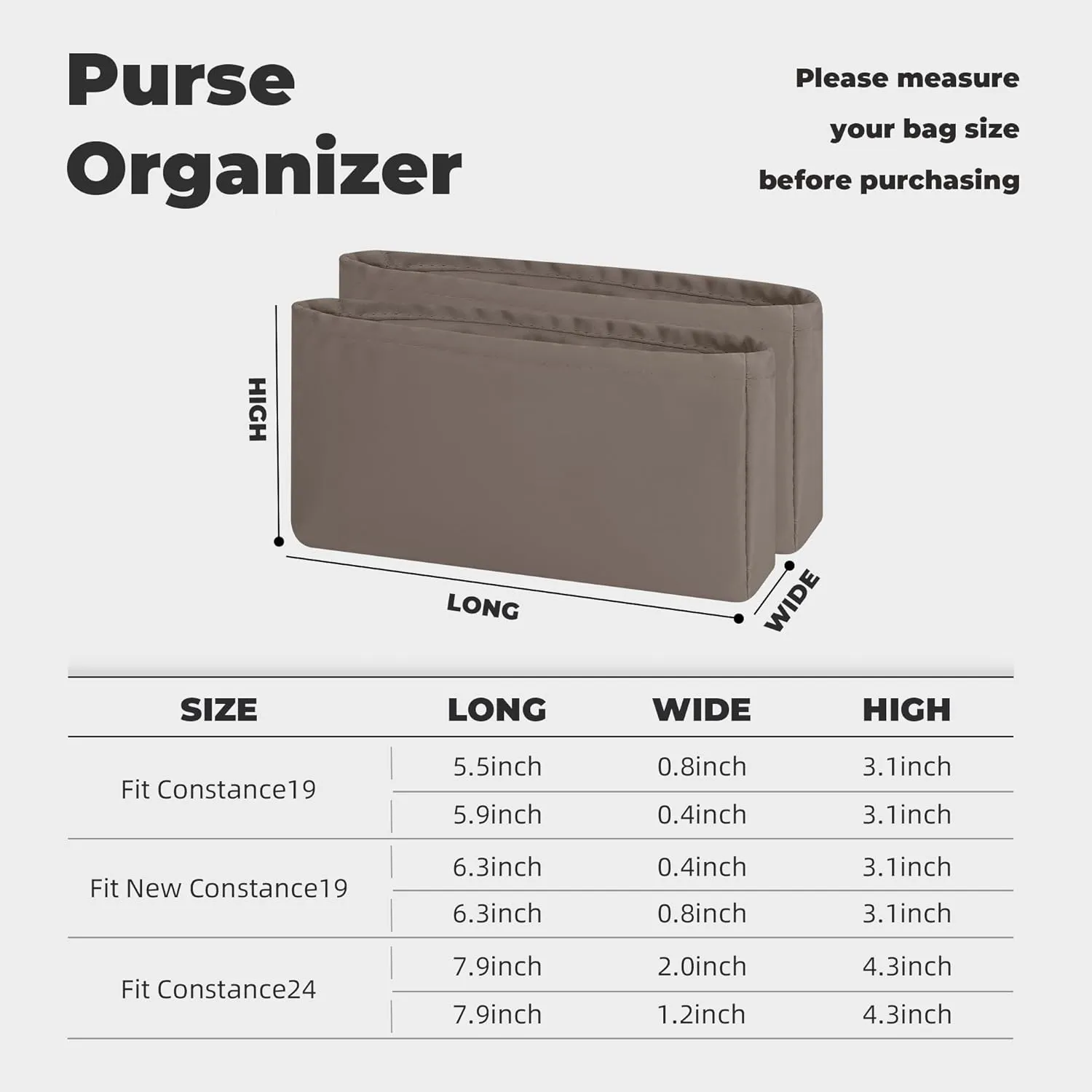 Purse Handbag Silky Organizer Insert Keep Bag Shape Fits Hermes Constance 19/New 19/24/New 24 Bags, Luxury Handbag Tote Lightweight Sturdy(New Constance19,Etoupe grey)