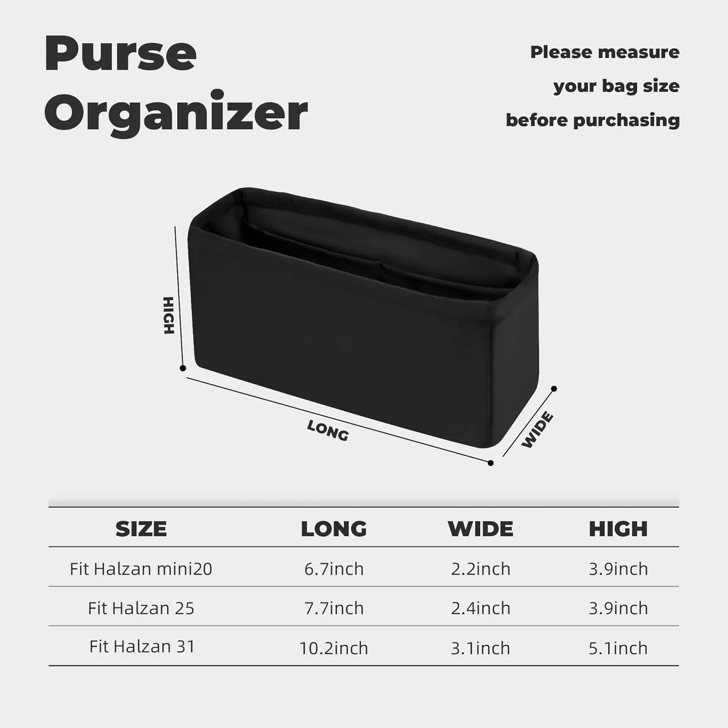 Purse Handbag Silky Organizer Insert Keep Bag Shape Fits Hermes Halzan mini/25/31 bags, Luxury Handbag Tote Lightweight Sturdy(Halzan mini20,Black)