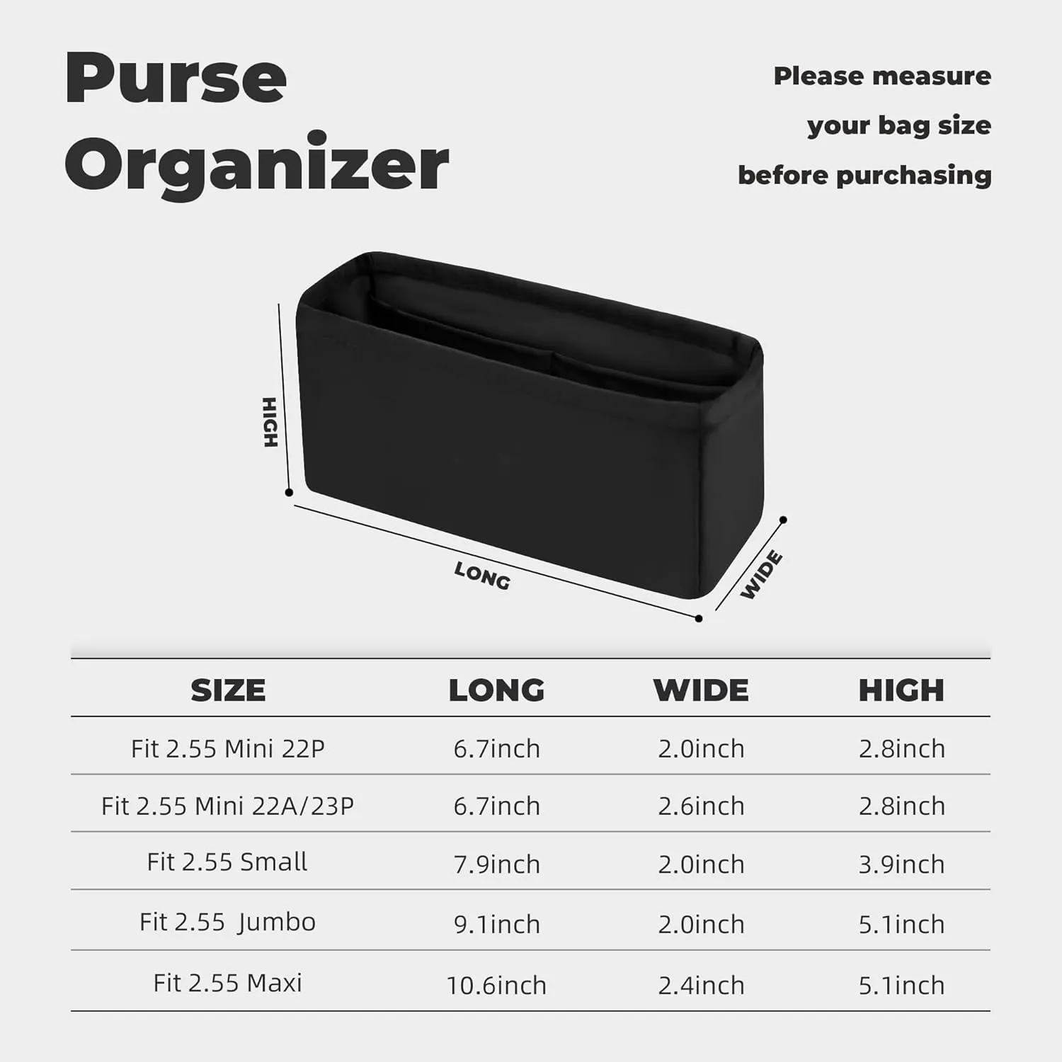 Purse Handbag Silky Organizer Insert Keep Bag Shape Fits LV Chanel 2.55 22P/22A/23p/Small/Jumbo/Jumbo/Maxi Bags, Luxury Handbag Tote Lightweight Sturdy(2.55 Mini 22P,Black)