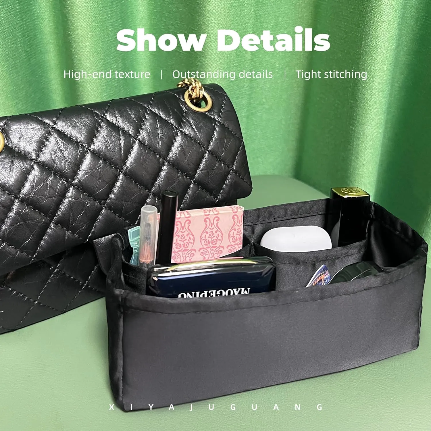 Purse Handbag Silky Organizer Insert Keep Bag Shape Fits LV Chanel 2.55 22P/22A/23p/Small/Jumbo/Jumbo/Maxi Bags, Luxury Handbag Tote Lightweight Sturdy(2.55 Mini 22P,Black)