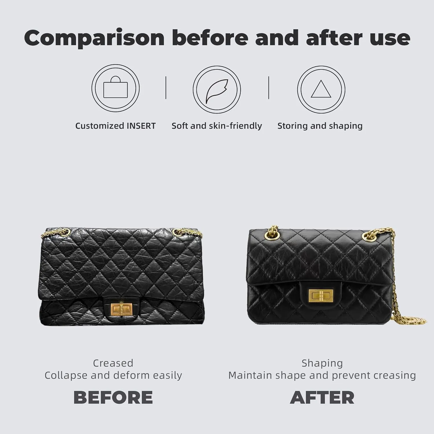 Purse Handbag Silky Organizer Insert Keep Bag Shape Fits LV Chanel 2.55 22P/22A/23p/Small/Jumbo/Jumbo/Maxi Bags, Luxury Handbag Tote Lightweight Sturdy(2.55 Mini 22P,Black)