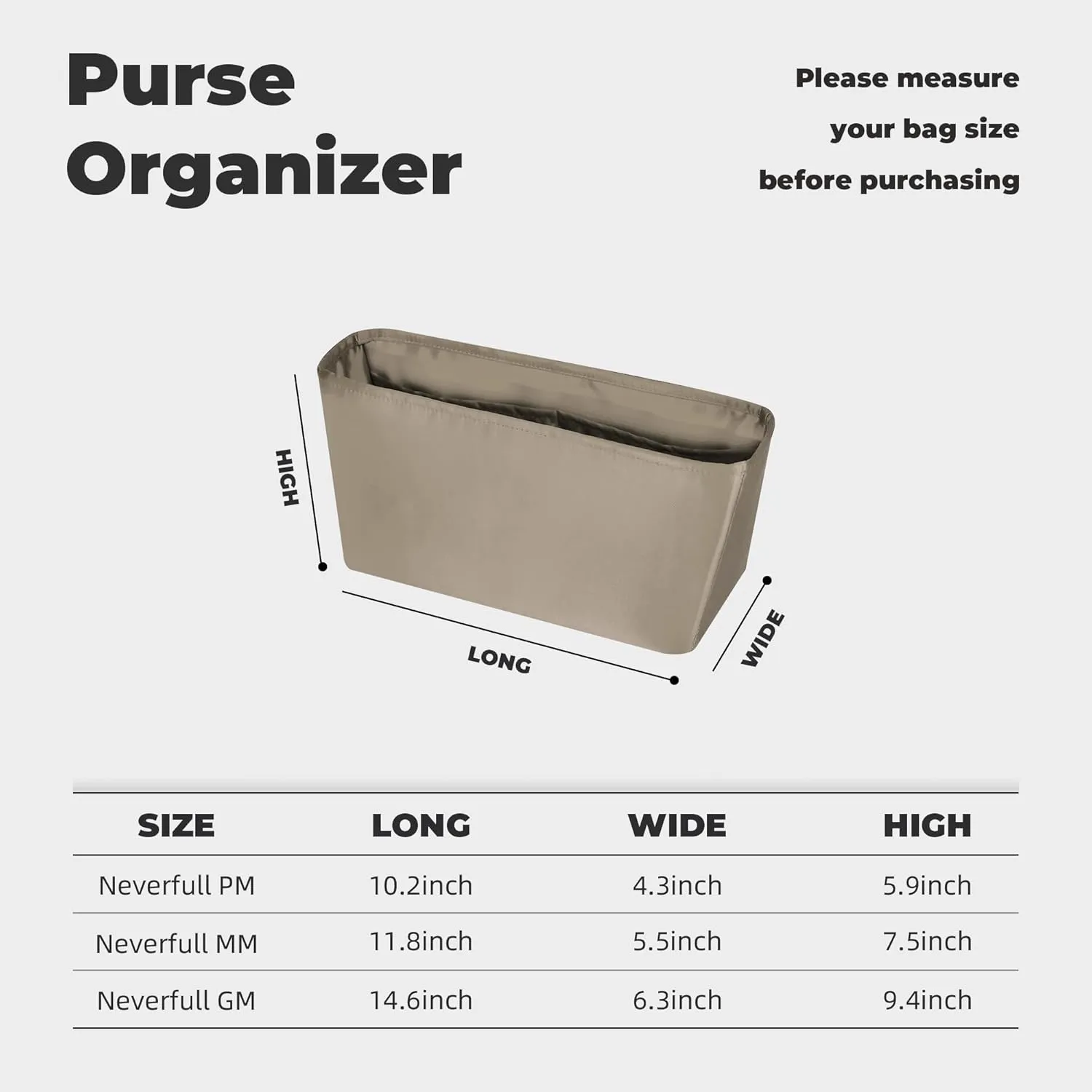 Purse Handbag Silky Organizer Insert Keep Bag Shape Fits LV-Neverfull-PM/MM/GM Bags, Luxury Handbag Tote Lightweight Sturdy(Cris tourterelle, Neverfull-PM)