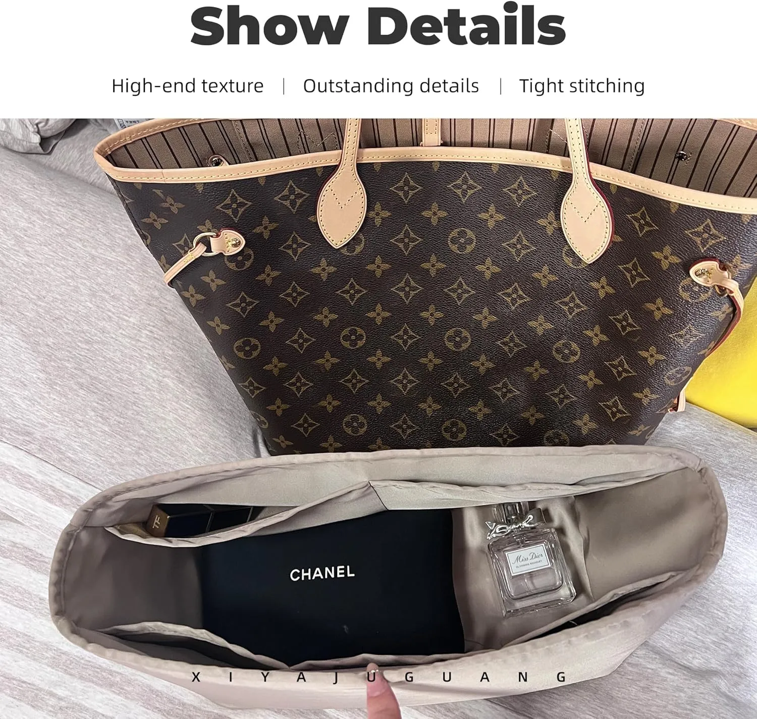 Purse Handbag Silky Organizer Insert Keep Bag Shape Fits LV-Neverfull-PM/MM/GM Bags, Luxury Handbag Tote Lightweight Sturdy(Cris tourterelle, Neverfull-PM)