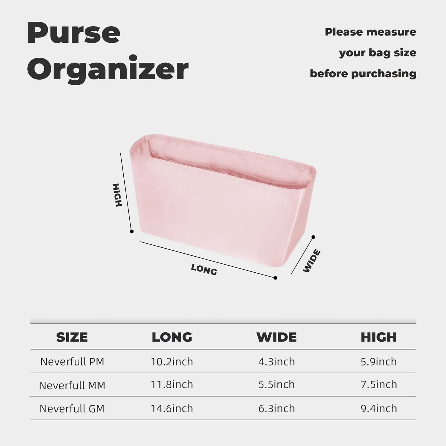 Purse Handbag Silky Organizer Insert Keep Bag Shape Fits LV-Neverfull-PM/MM/GM Bags, Luxury Handbag Tote Lightweight Sturdy(Pink, Neverfull-PM)