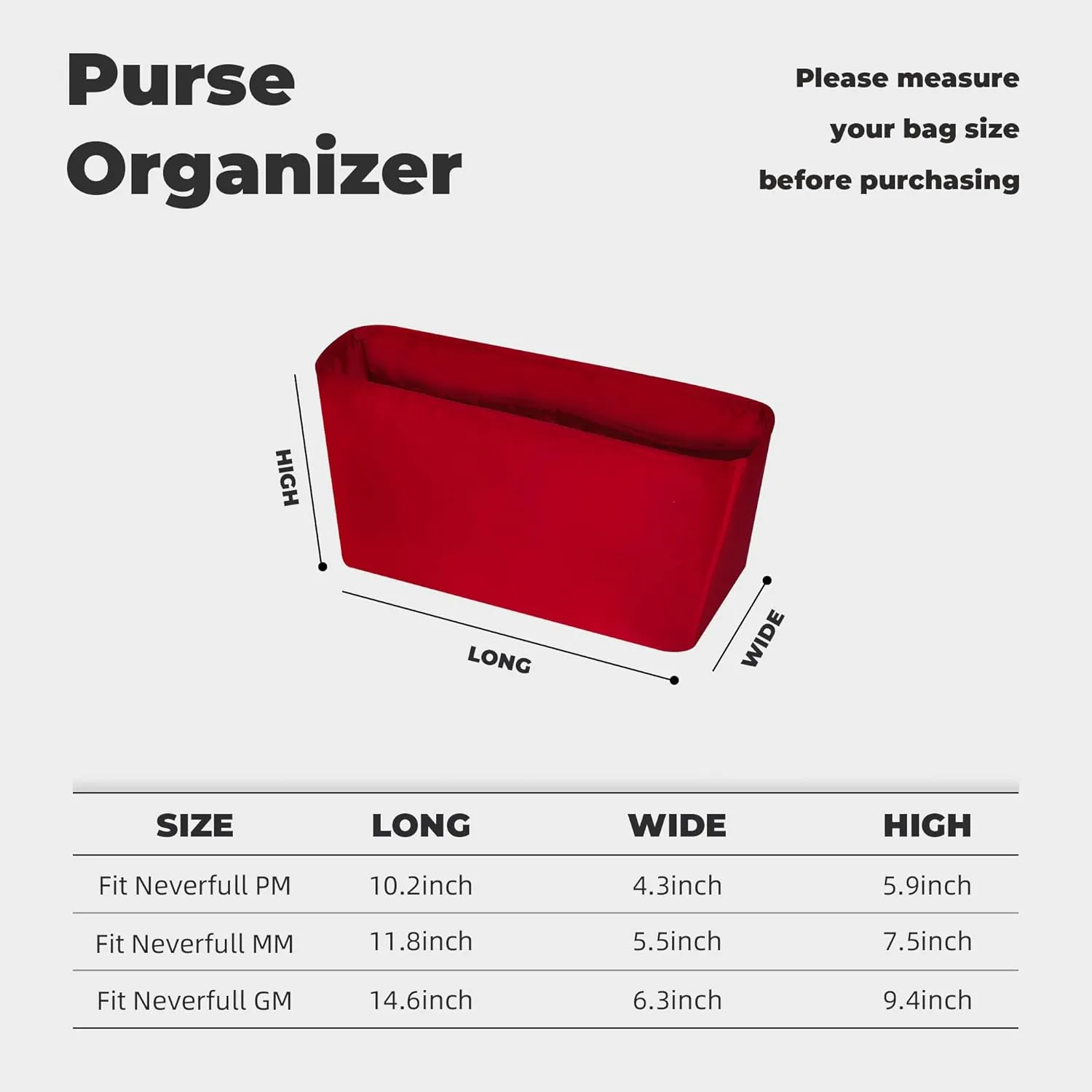 Purse Handbag Silky Organizer Insert Keep Bag Shape Fits LV-Neverfull-PM/MM/GM Bags, Luxury Handbag Tote Lightweight Sturdy(Rouge moyen, Neverfull-PM)