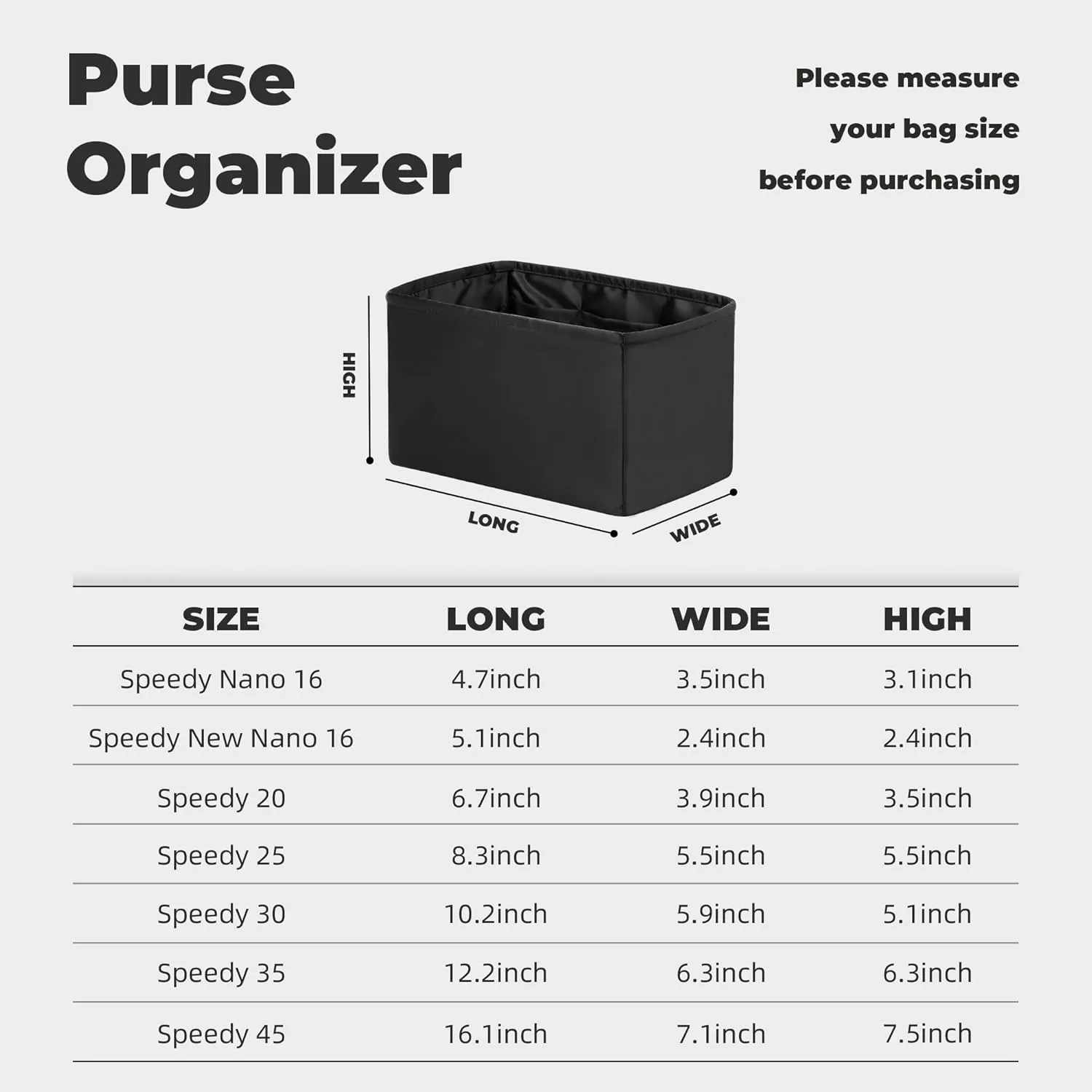 Purse Handbag Silky Organizer Insert Keep Bag Shape Fits LV Speedy 16/20/25/30/35/45 bags, Luxury Handbag Tote Lightweight Sturdy(Black, Speedy 25)