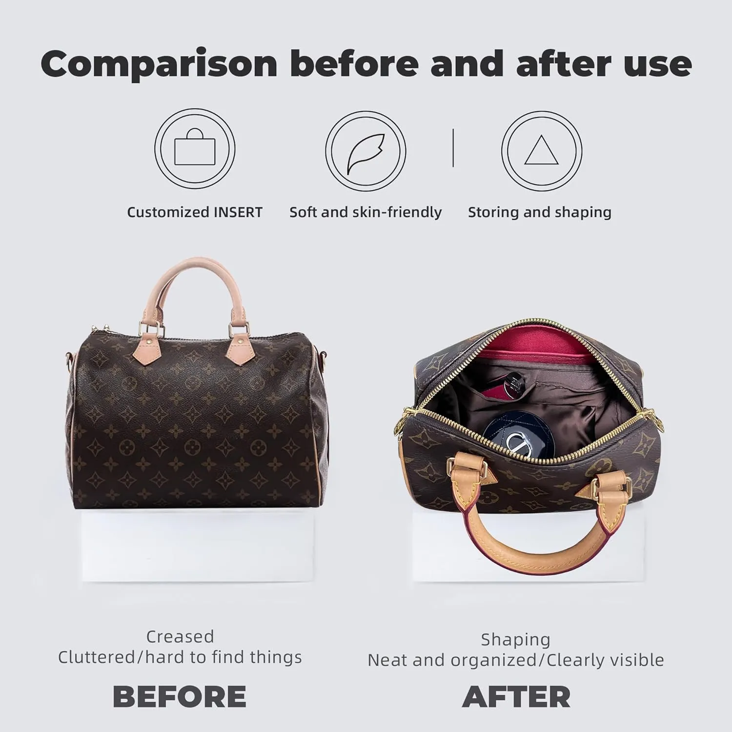 Purse Handbag Silky Organizer Insert Keep Bag Shape Fits LV Speedy 16/20/25/30/35/45 bags, Luxury Handbag Tote Lightweight Sturdy(Black, Speedy 25)
