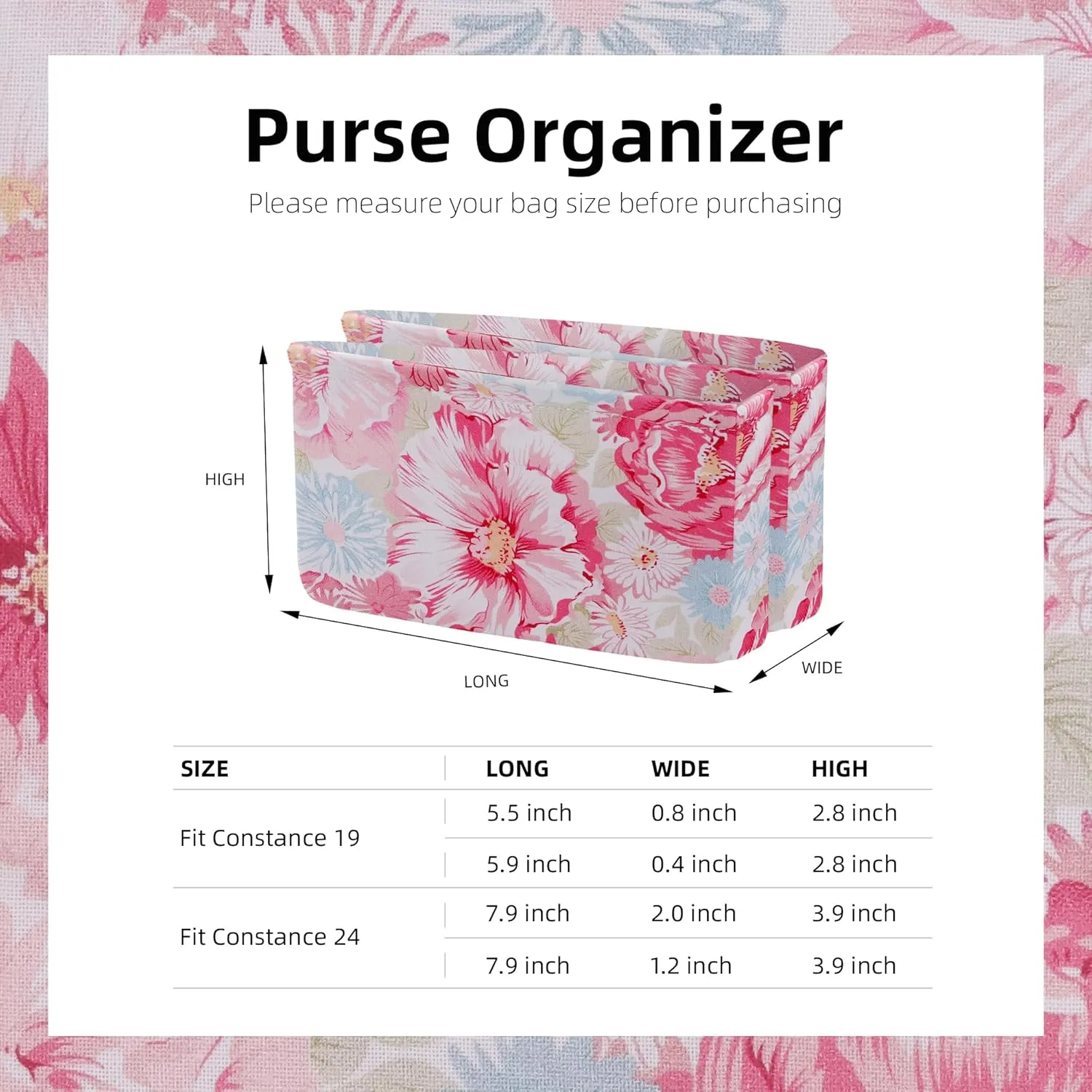 Purse Organizer Insert Fits Constance 19/24 bags, Soft Inner Bag, Lightweight Bag Shaper Liner for Women Luxury Handbag Tote (Constance19, Blooming)