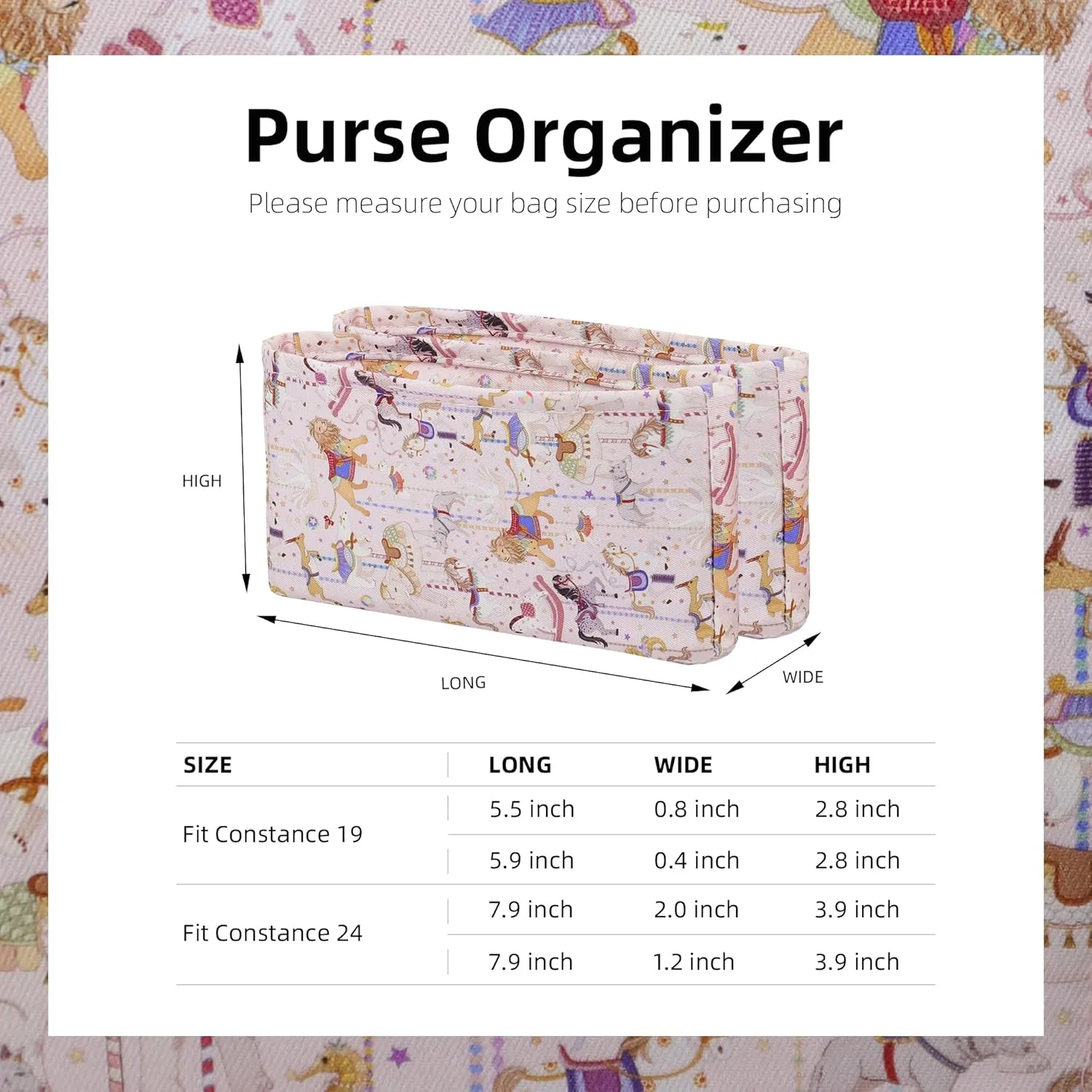 Purse Organizer Insert Fits Constance 19/24 bags, Soft Inner Bag, Lightweight Bag Shaper Liner for Women Luxury Handbag Tote (Constance19, Circus(Pink))