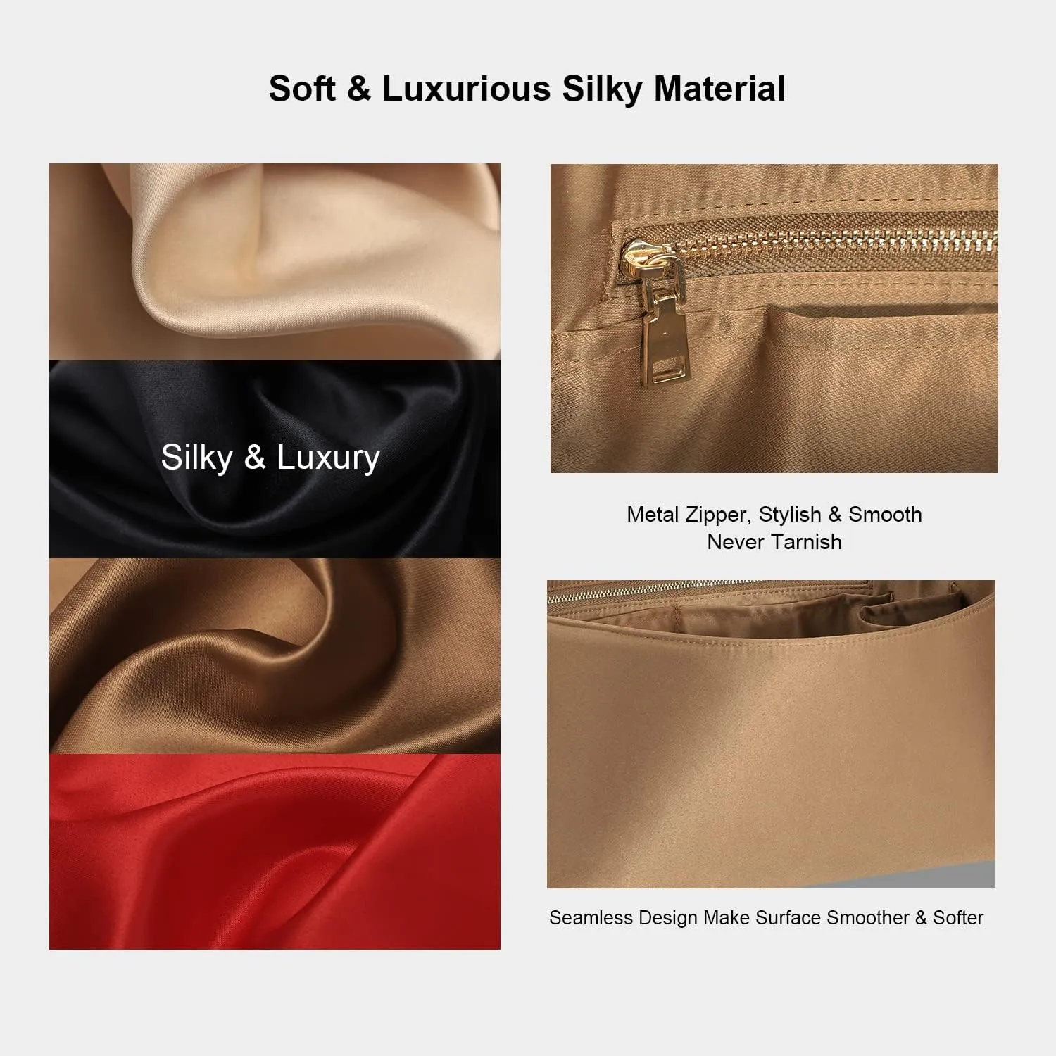 Purse Organizer Insert For Handbags, Silk Purse Organizer with Zipper, Silky Smooth, Bag Organizer For Speedy Neverfull Tote,onthego,Artsy, 6 Sizes (Slender Large, Silky Brown)