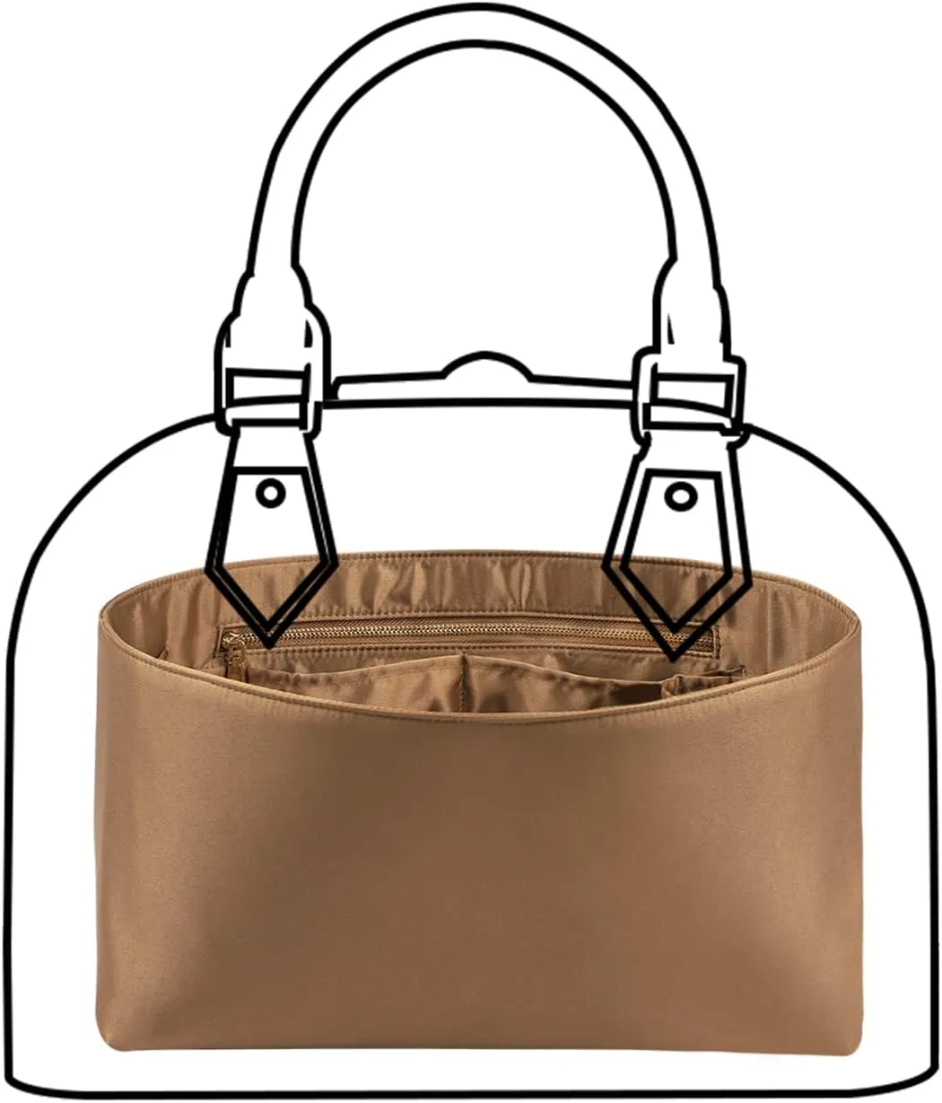 Purse Organizer Insert For Handbags, Silk Purse Organizer with Zipper, Silky Smooth, Bag Organizer For Speedy Neverfull Tote,onthego,Artsy, 6 Sizes (Slender Large, Silky Brown)