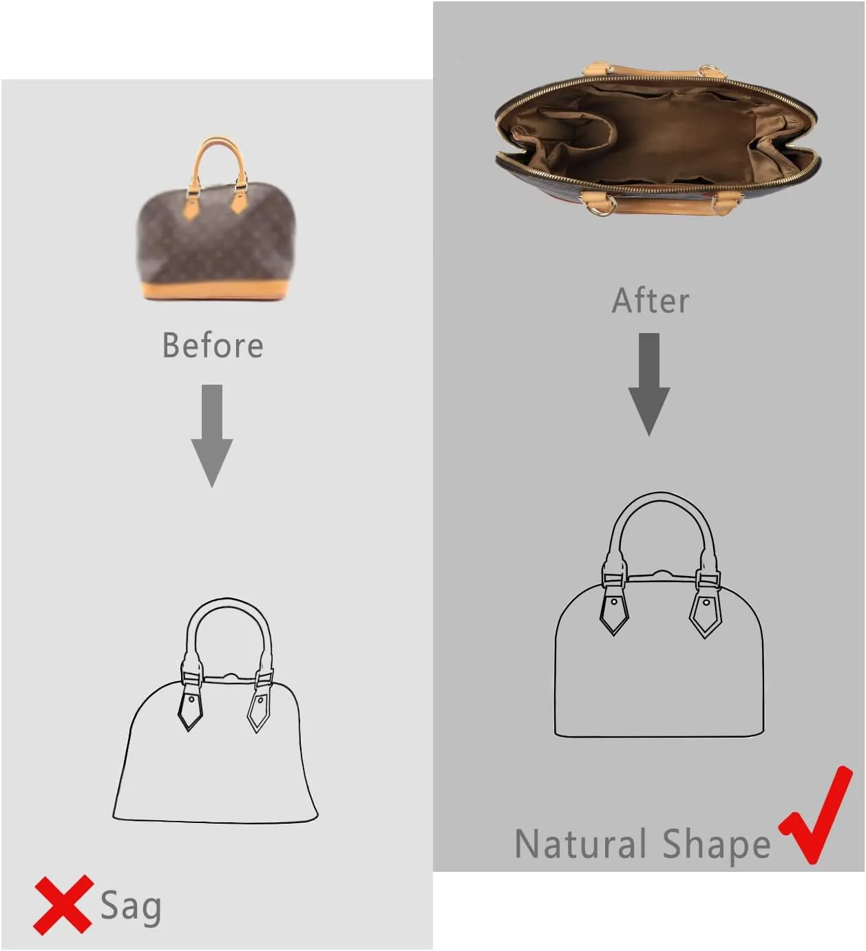 Purse Organizer Insert For Handbags, Silk Purse Organizer with Zipper, Silky Smooth, Bag Organizer For Speedy Neverfull Tote,onthego,Artsy, 6 Sizes (Slender Large, Silky Brown)