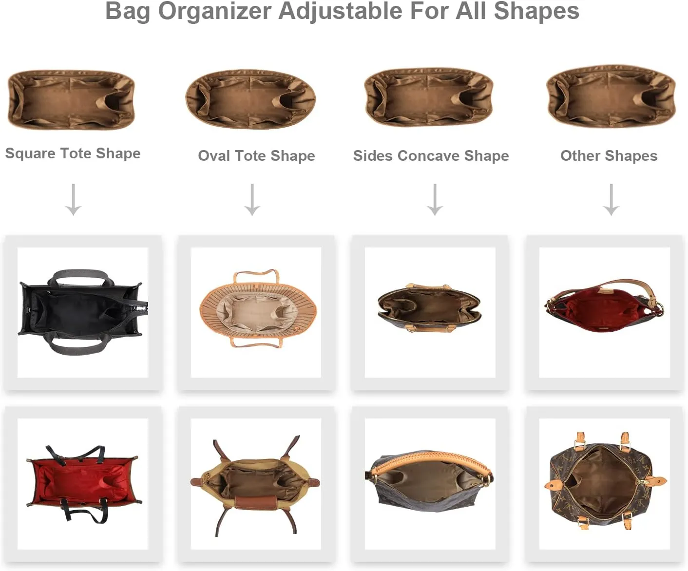 Purse Organizer Insert For Handbags, Silk Purse Organizer with Zipper, Silky Smooth, Bag Organizer For Speedy Neverfull Tote,onthego,Artsy, 6 Sizes (Slender Large, Silky Brown)