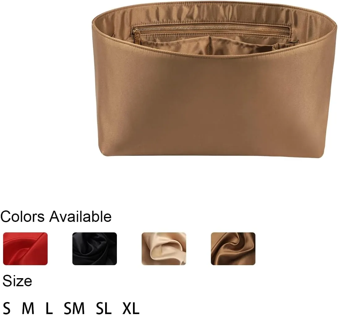 Purse Organizer Insert For Handbags, Silk Purse Organizer with Zipper, Silky Smooth, Bag Organizer For Speedy Neverfull Tote,onthego,Artsy, 6 Sizes (Slender Large, Silky Brown)