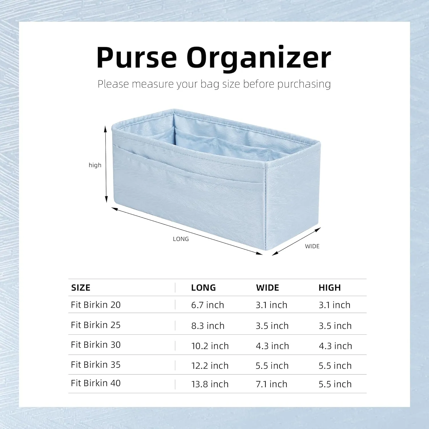Purse Organizer Insert for Hermes Birkin, Silky Smooth Bag in Bag, Birkin 30 Tote Shaper (BK30, Blue Pale)