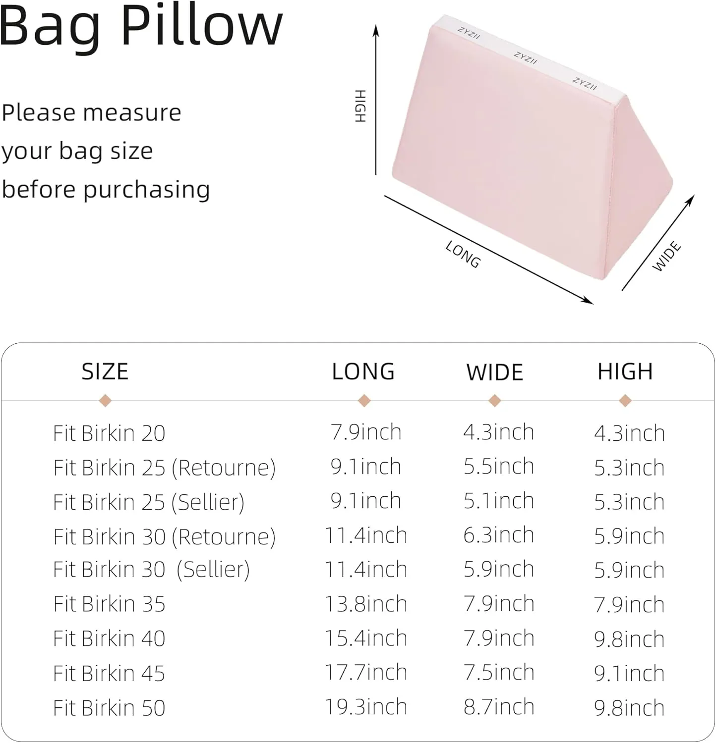 Purse Pillow for Birkin 20/25/30/35/40/45/50,Memory Foam Shaper Insert,Silky Bag Pillow for Luxury Handbag Tote（Pink,BK25 Retourne）