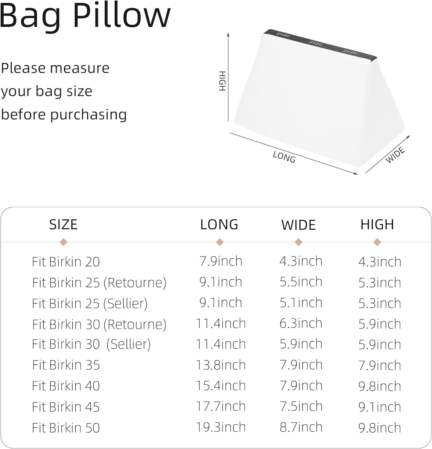 Purse Pillow for Birkin 20/25/30/35/40/45/50,Memory Foam Shaper Insert,Silky Bag Pillow for Luxury Handbag Tote（White,BK25 Retourne）