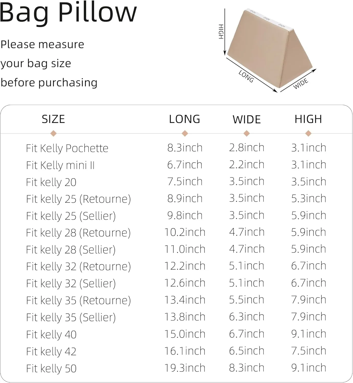 Purse Pillow for Kelly Pochette/Mini2/20/25/28/32/35/40,Memory Foam Shaper Insert,Silky Bag Pillow for Luxury Handbag Tote(Kelly Pochette,Champagne)