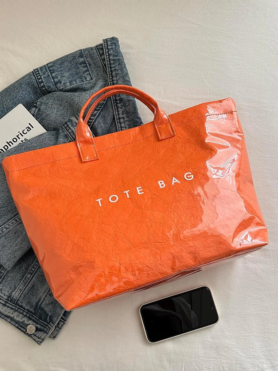 PVC Letter Print Tote Bag,Women's Work Tote Bag Carry All Tote Bag PVC Trendying Tote Bag Clear Plastic Bag with Scarf