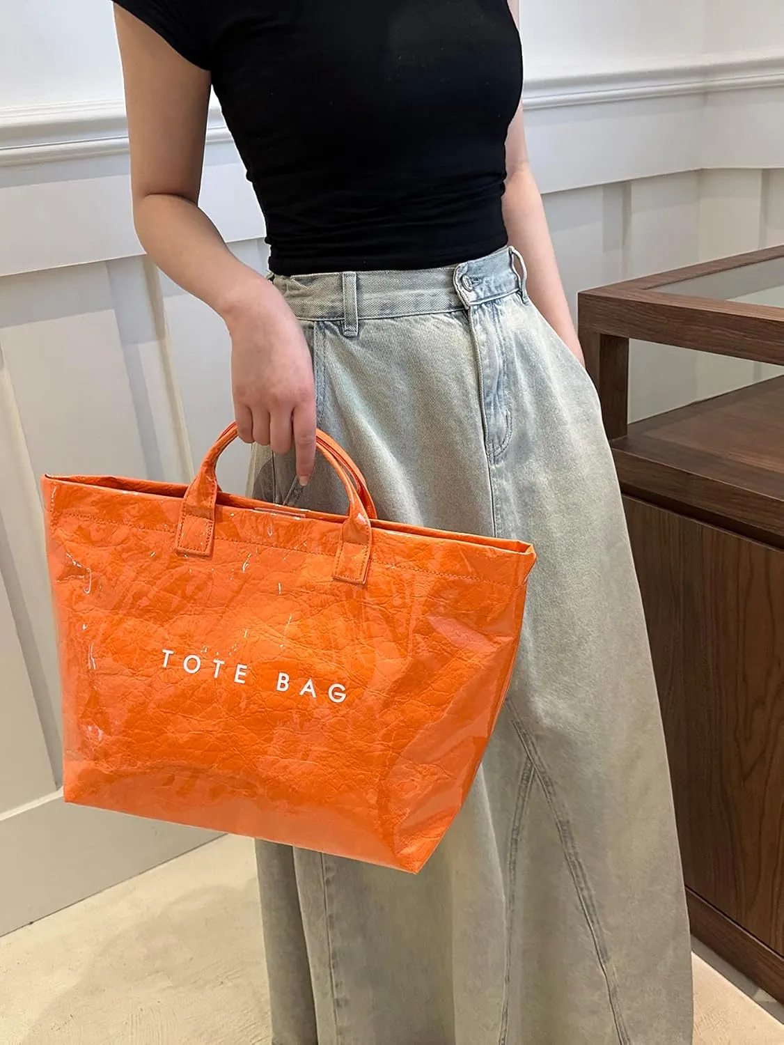 PVC Letter Print Tote Bag,Women's Work Tote Bag Carry All Tote Bag PVC Trendying Tote Bag Clear Plastic Bag with Scarf